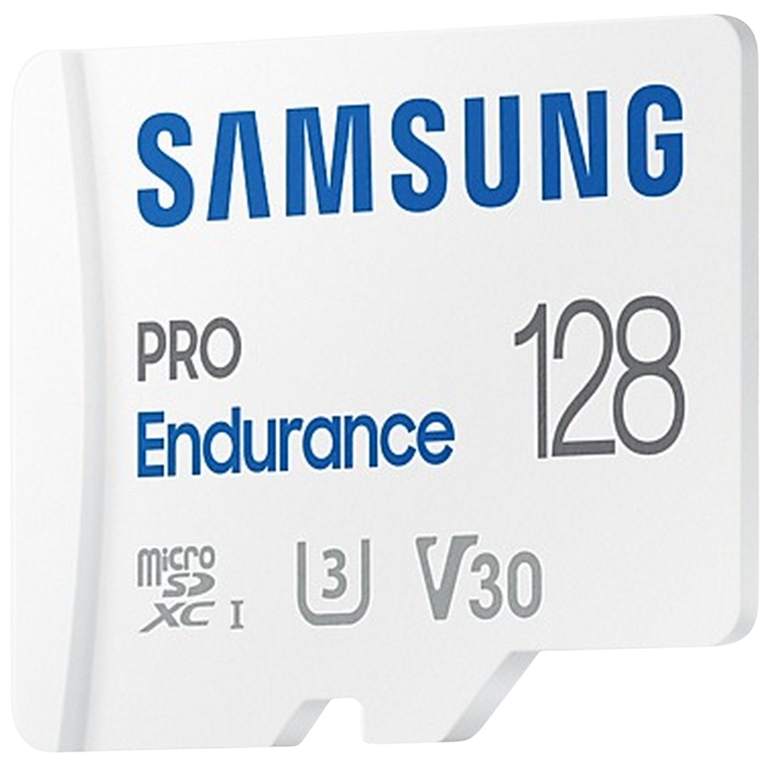 Biała karta pamięci z logo Samsung. Tekst: Pro Endurance, 128 i inne informacje. Czarne tło.