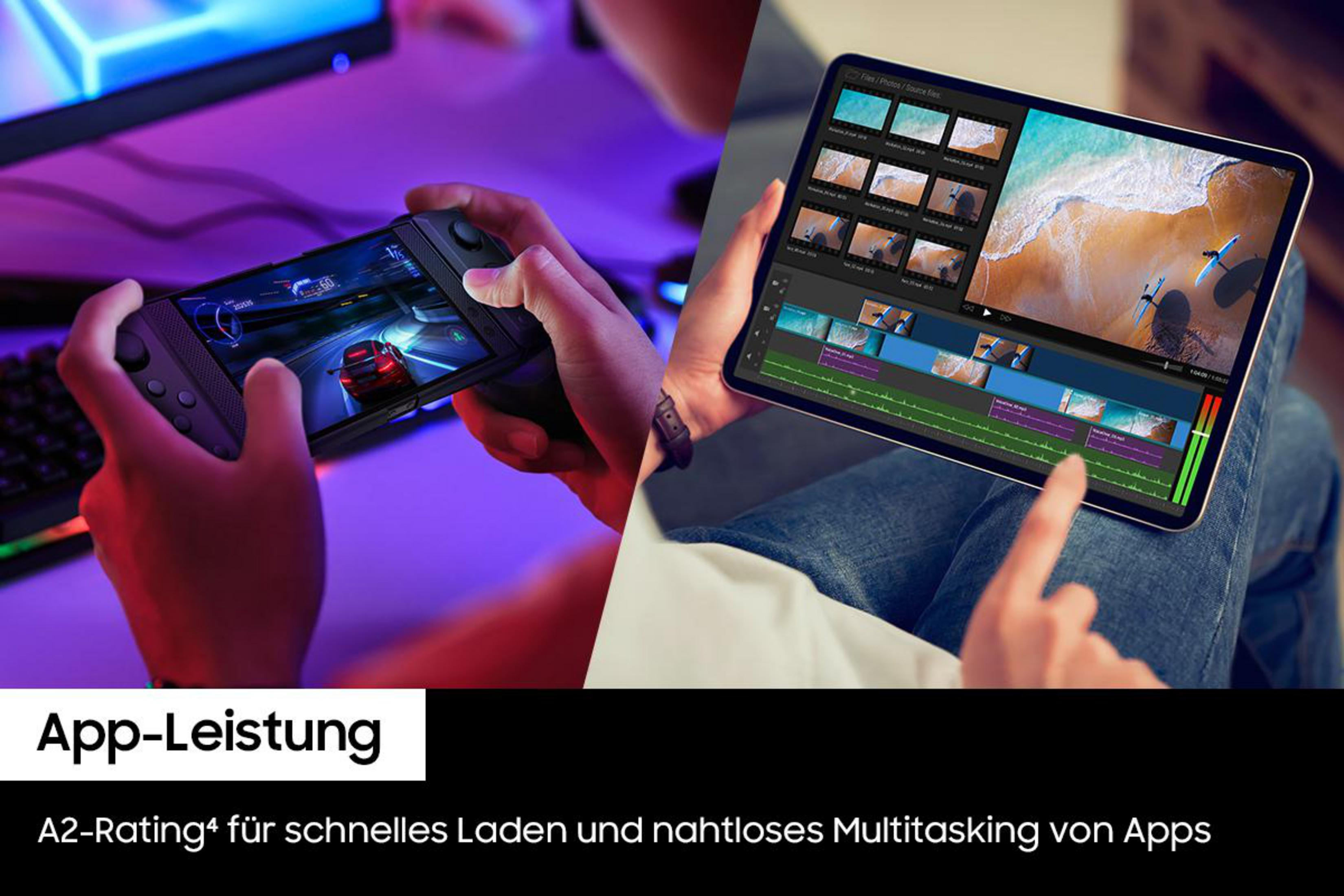 Osoba grająca w grę wyścigową na konsoli przenośnej i edytująca wideo na tablecie.