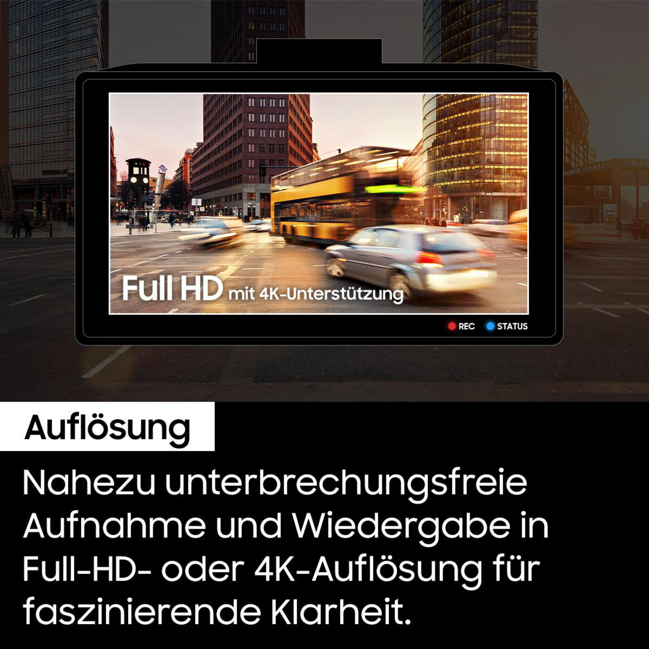 Ekran kamery samochodowej pokazujący ruch miejski. Ekran wyświetla 'Full HD' z obsługą 4K.