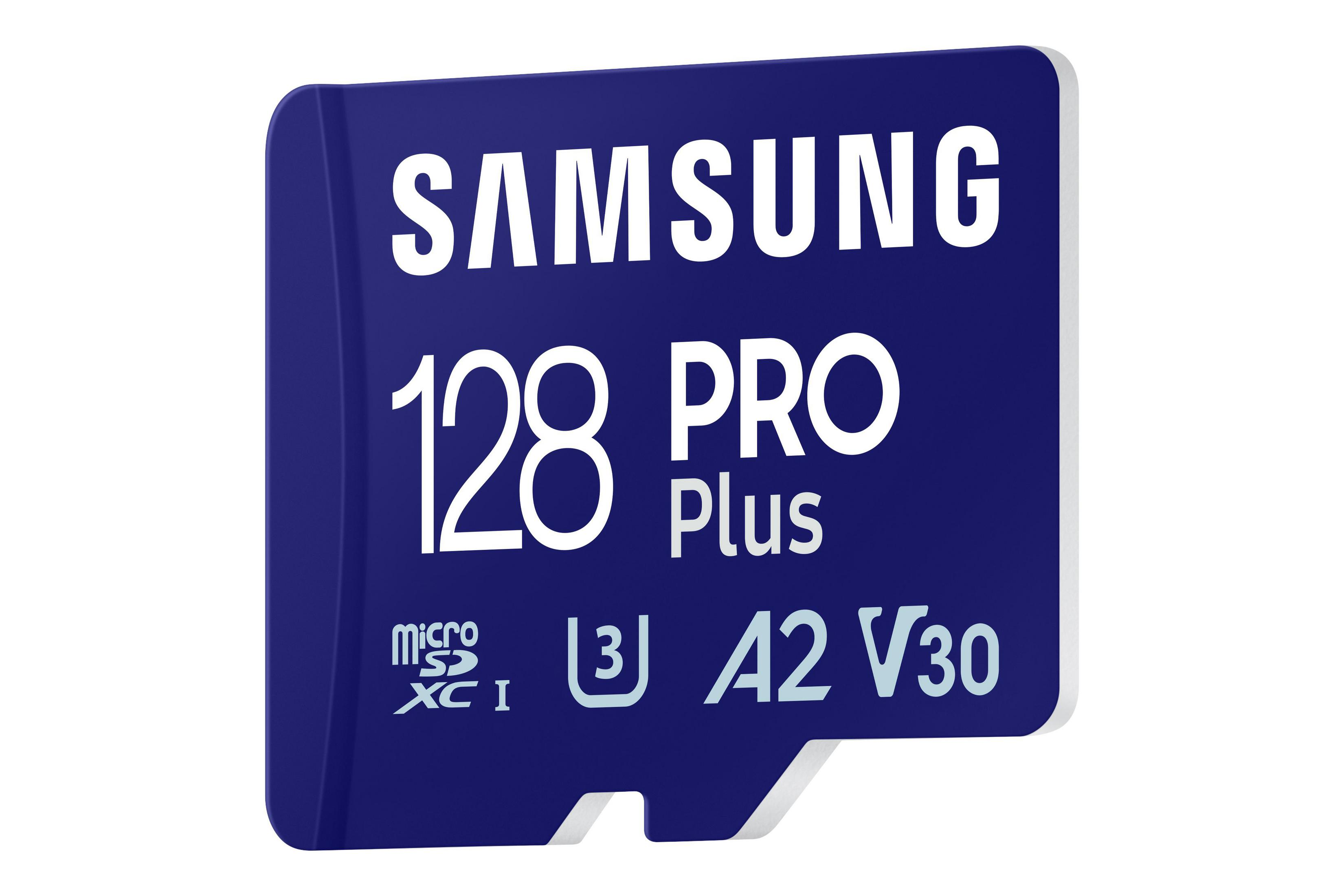 Niebieska karta MicroSD Samsung 128 PRO Plus z tekstem i symbolami.