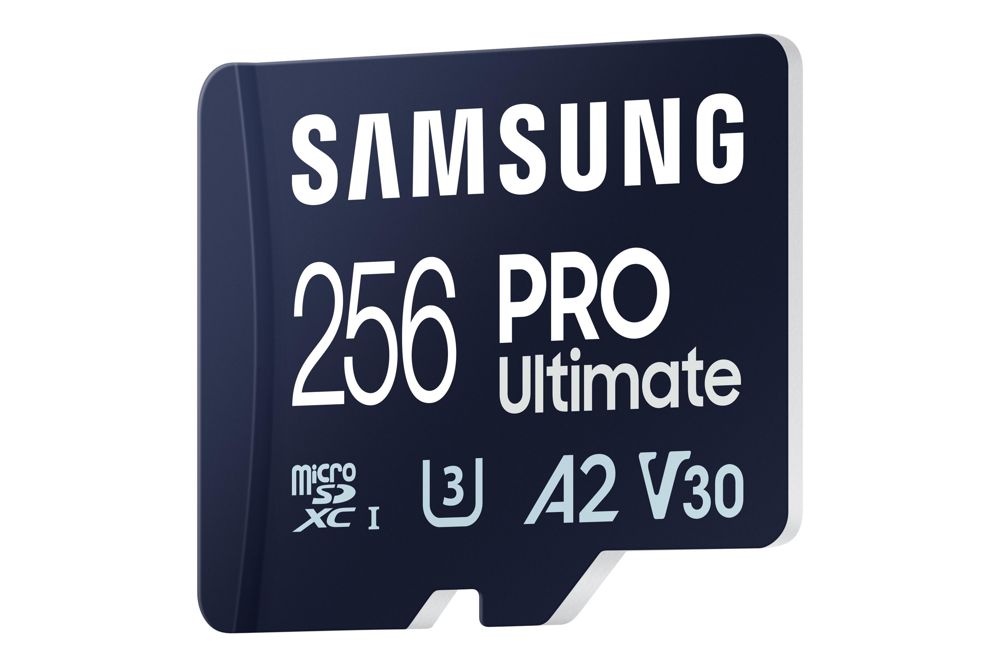 Karta microSD Samsung 256GB Pro Ultimate, granatowa, z marką i specyfikacjami.
