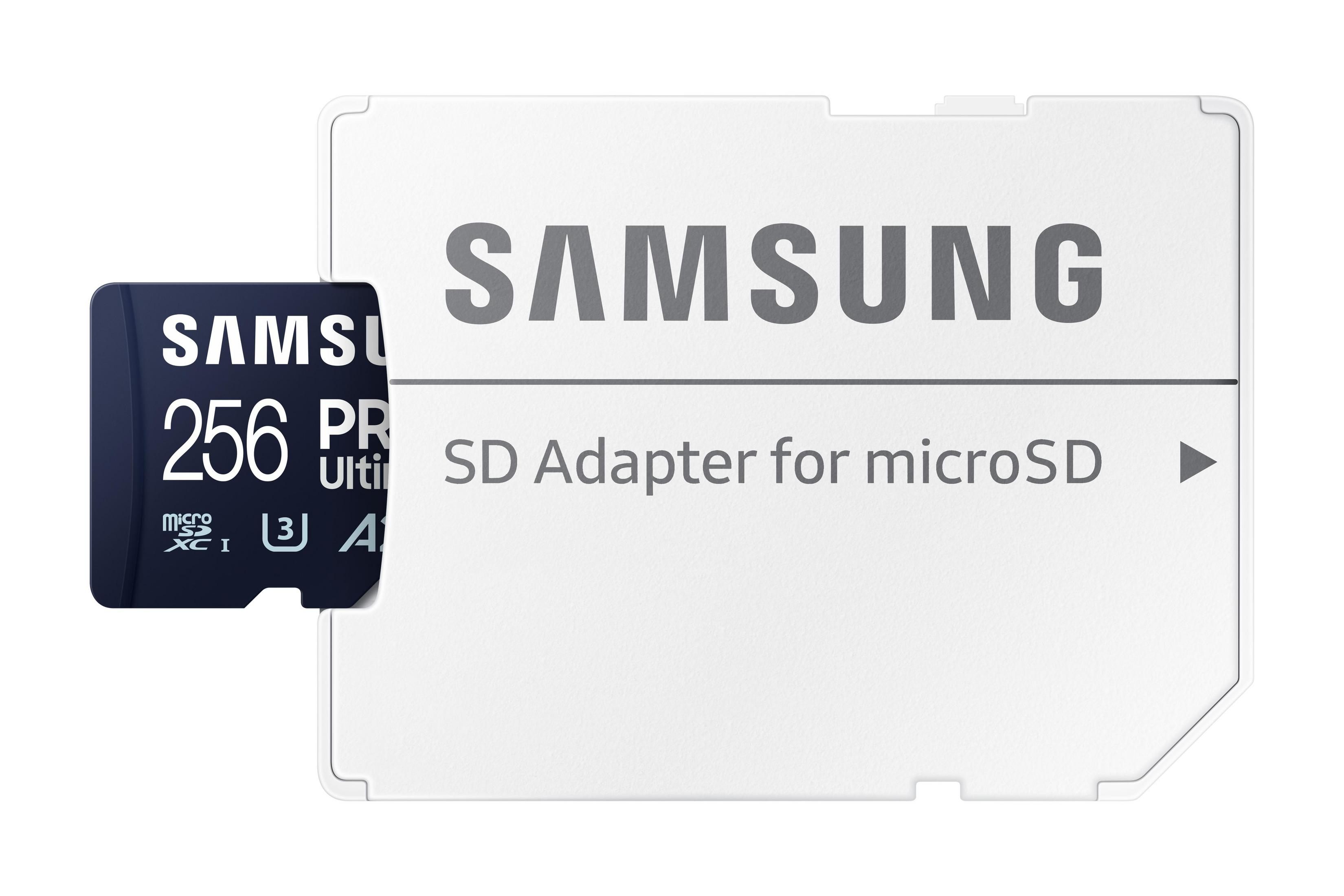 Karta microSD Samsung 256GB Pro i adapter SD, białe tło, karta granatowa.