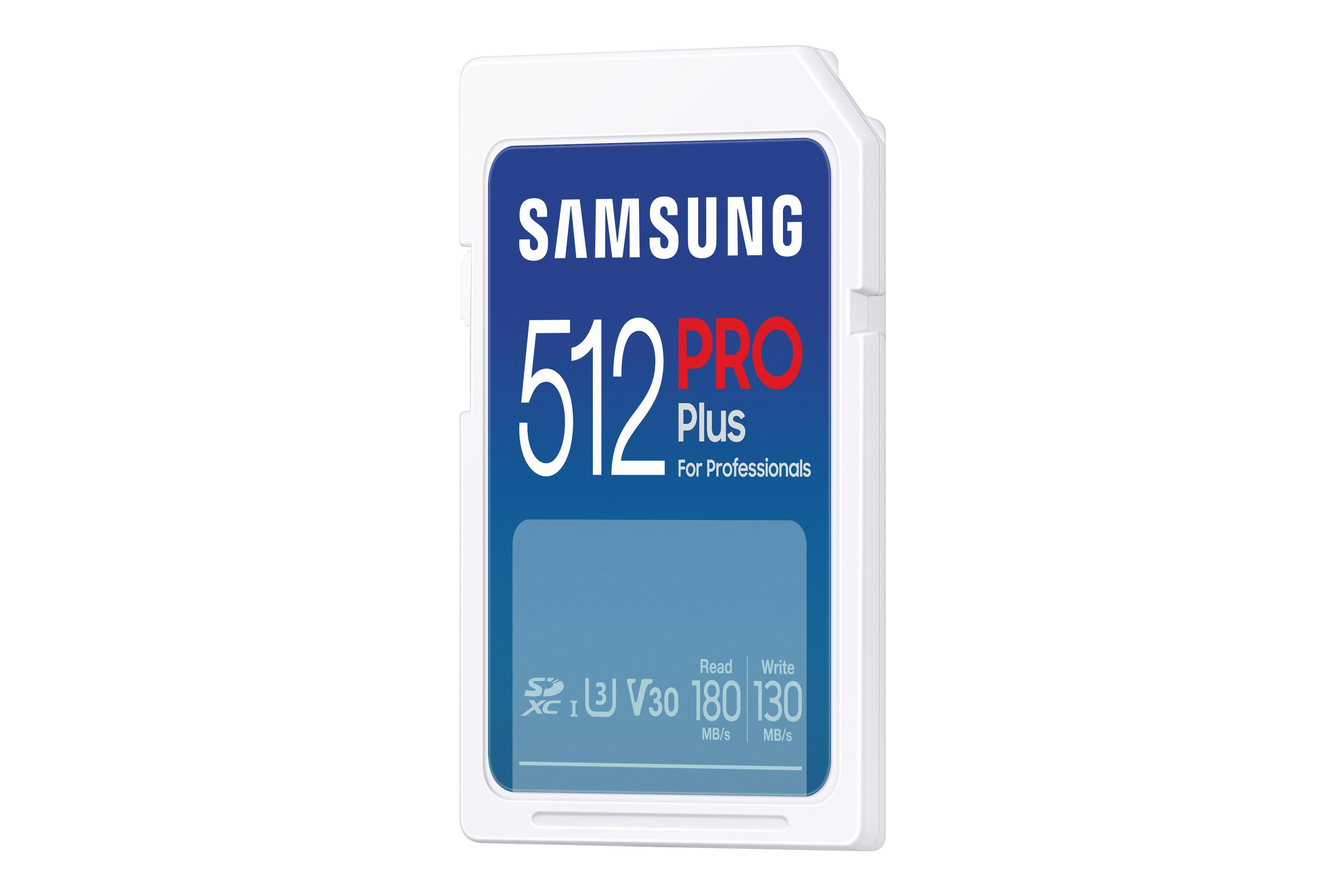 Karta SD Samsung 512 Pro Plus. Biała karta z niebieskim i czerwonym tekstem. Odczyt 180MB/s, zapis 130MB/s.