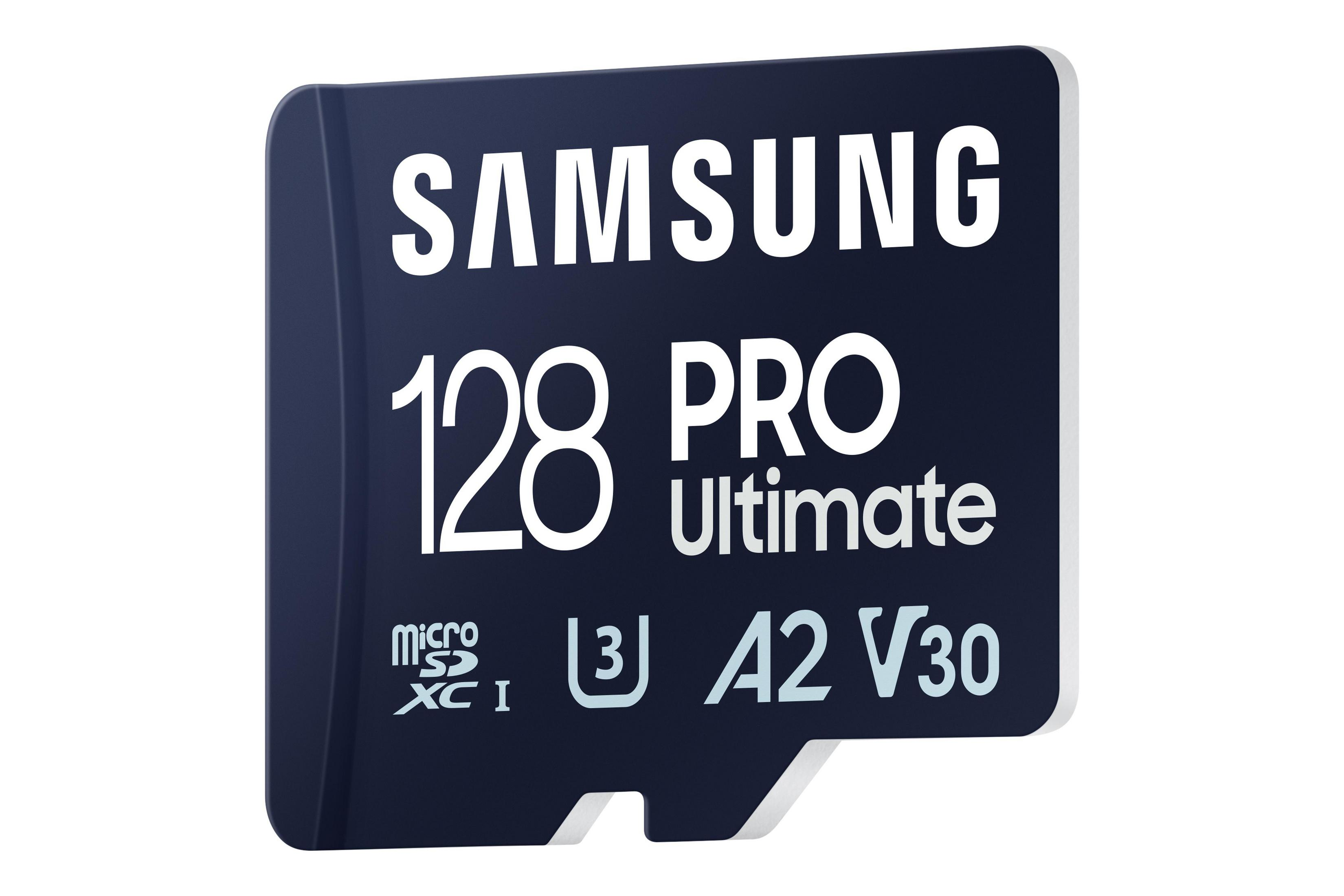 Karta SD Samsung 128 Pro Ultimate. Czarna karta z białym tekstem i logo. Symbole Micro SD, A2, V30.
