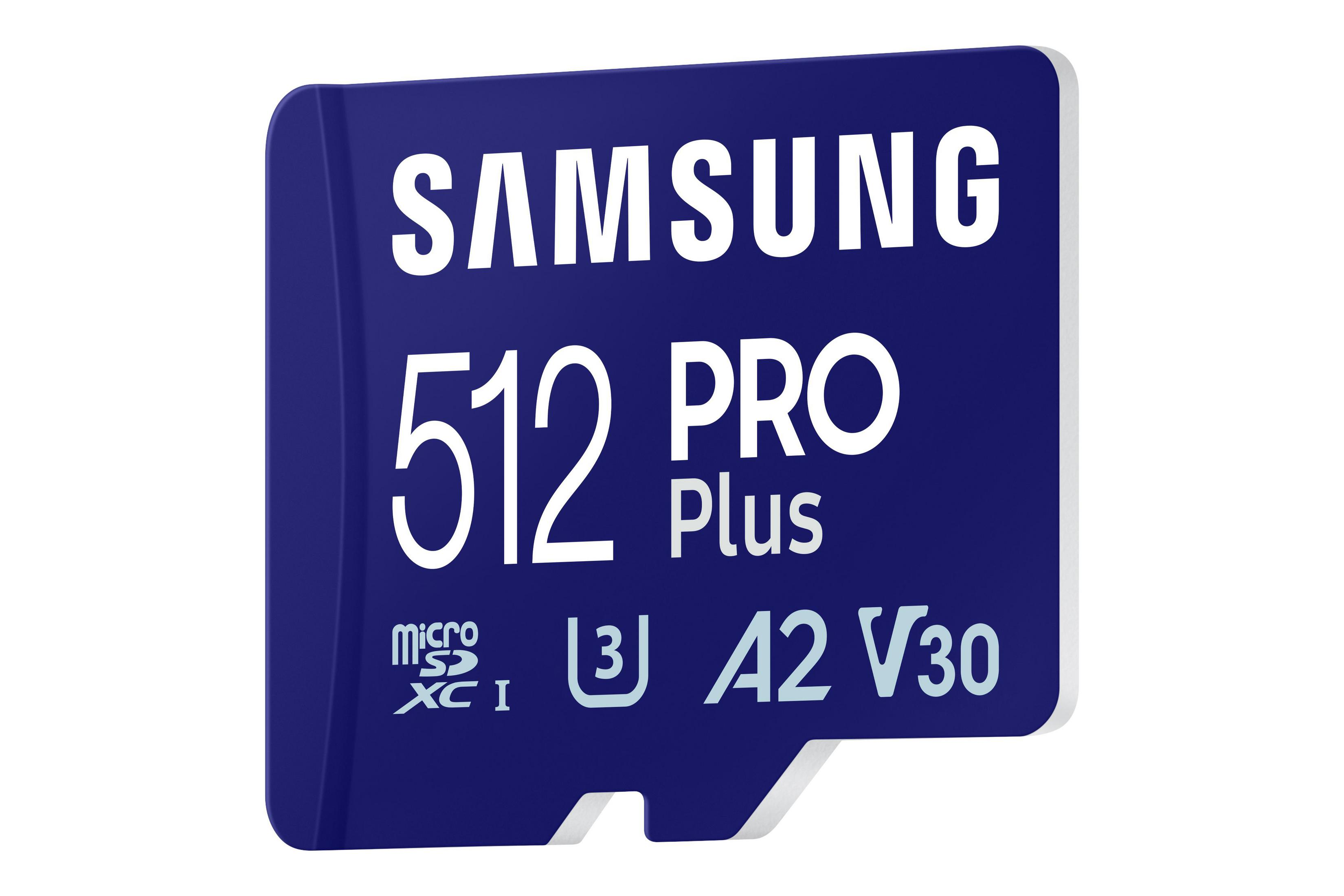 Niebieska karta microSD Samsung 512 PRO Plus. Biały tekst, oznaczenia U3 A2 V30. Białe tło.