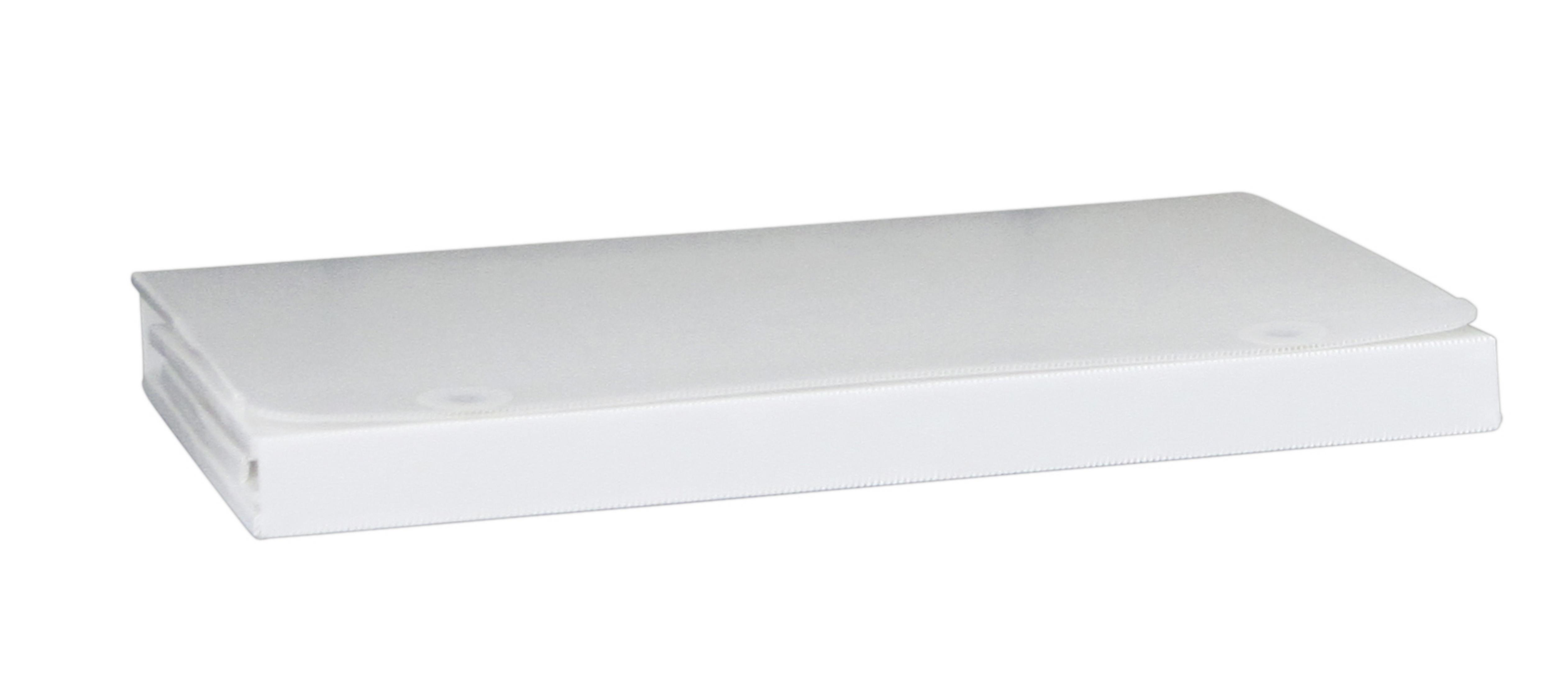 Weiße, rechteckige Displaybox mit Deckel, geschlossen, und weißem Hintergrund.