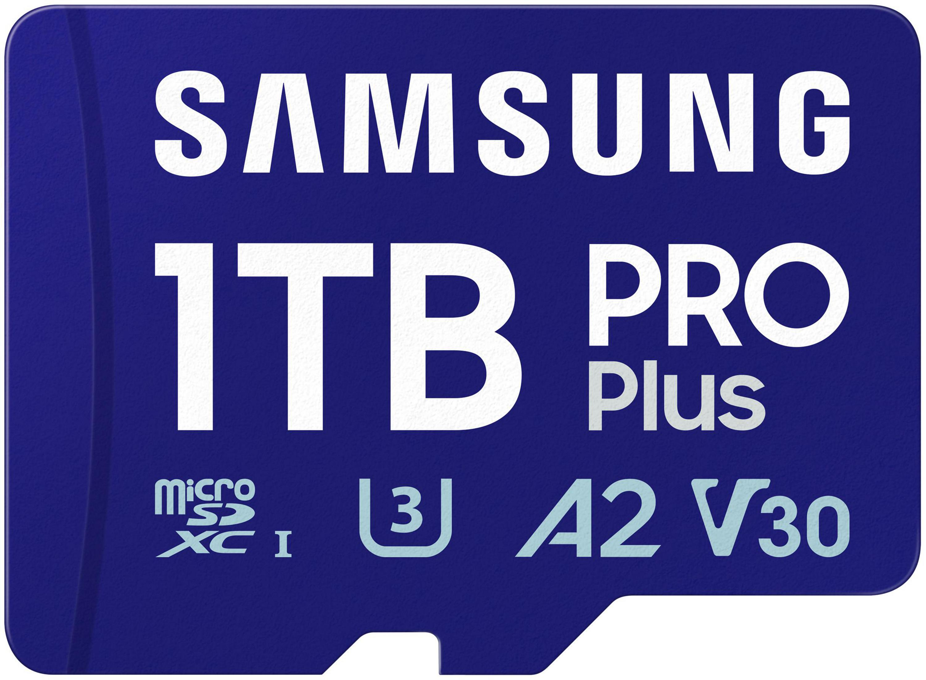 Blaue Samsung 1TB Pro Plus microSD-Karte mit Text und Symbolen.