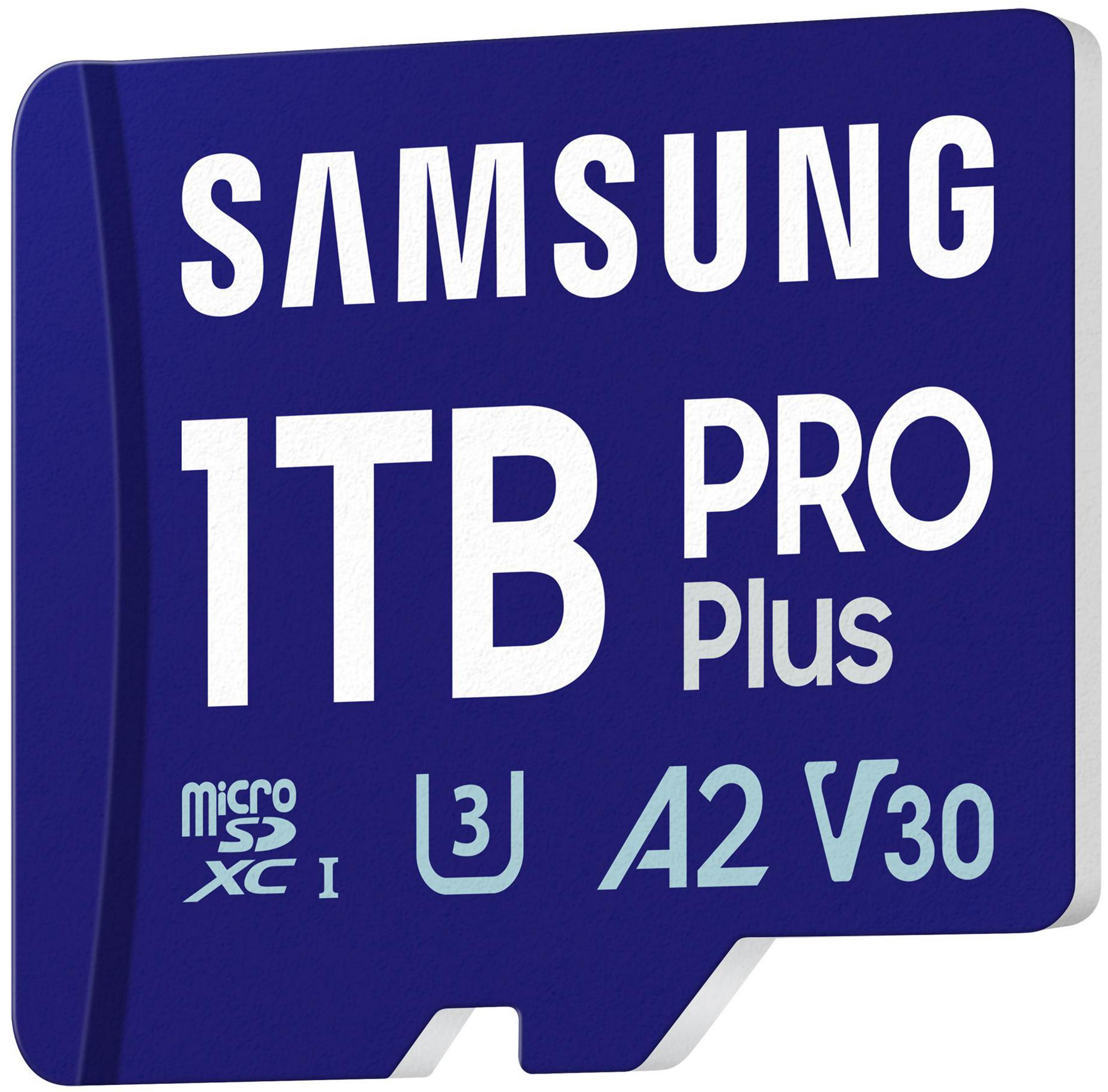 Nahaufnahme einer blauen Samsung 1TB Pro Plus MicroSD-Karte mit weißem Text.