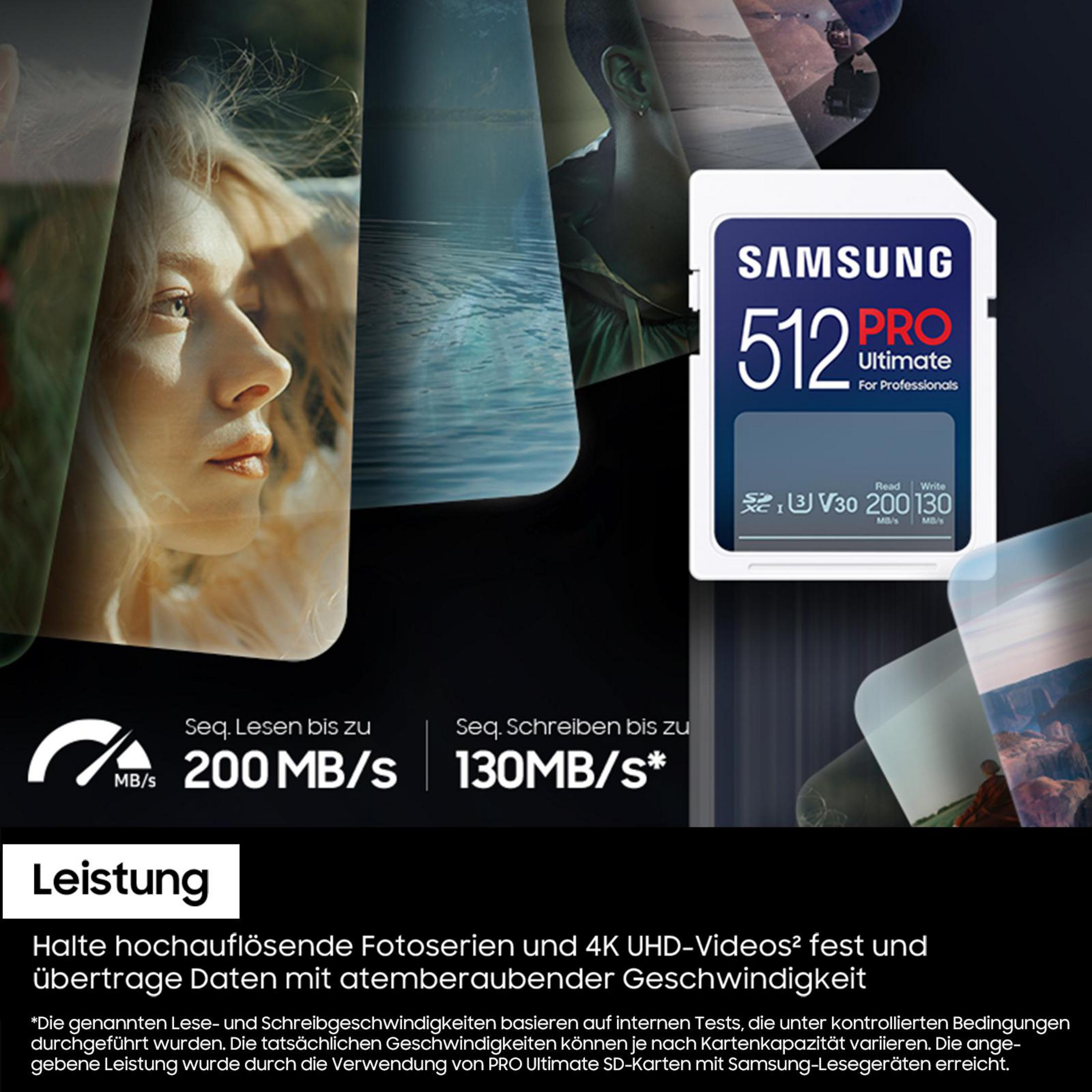 Image de carte SD, visage et données. La carte SD est Samsung 512 Pro, avec débits de données.