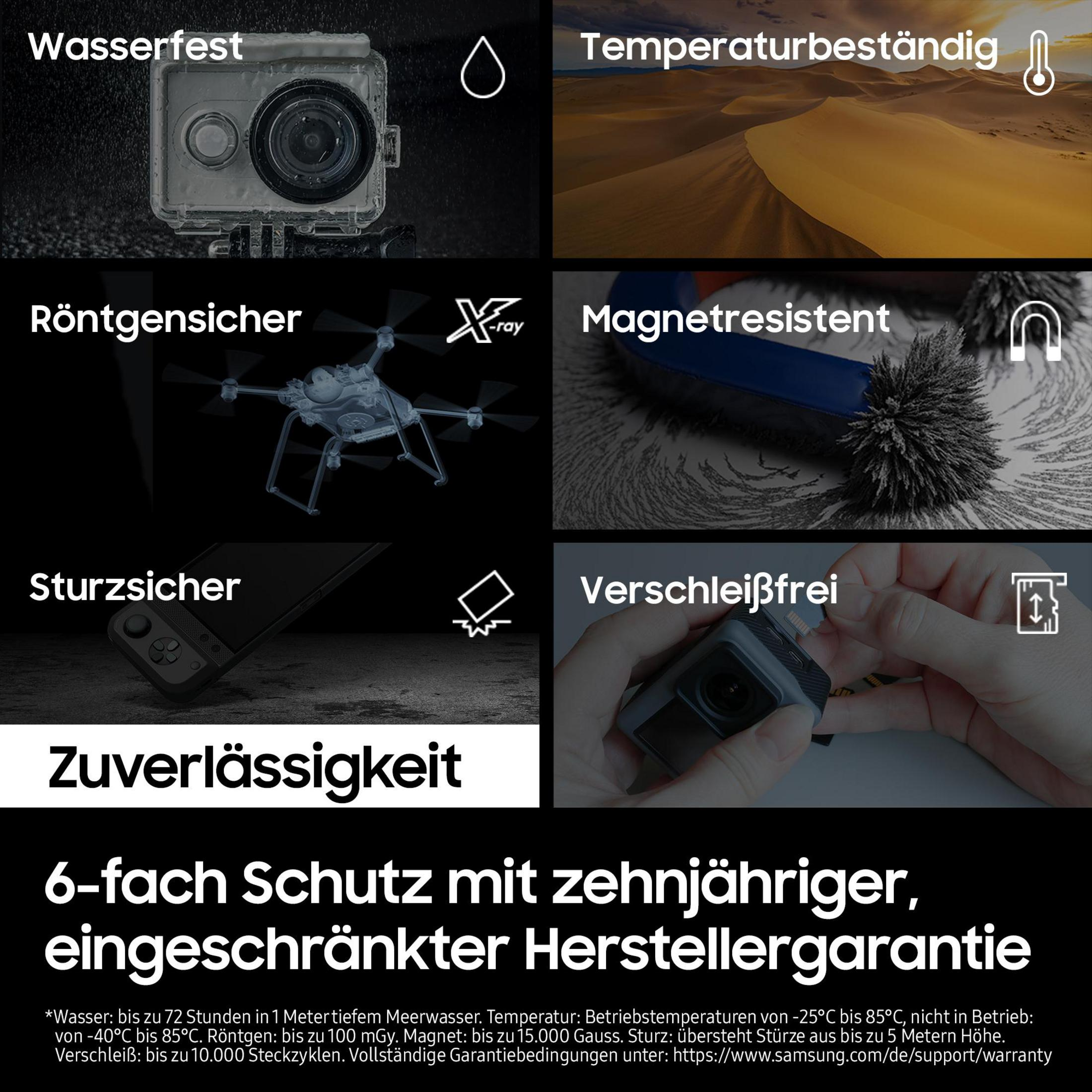 Obraz przedstawia różne scenariusze kart pamięci Samsung, w tym odporność na wodę.