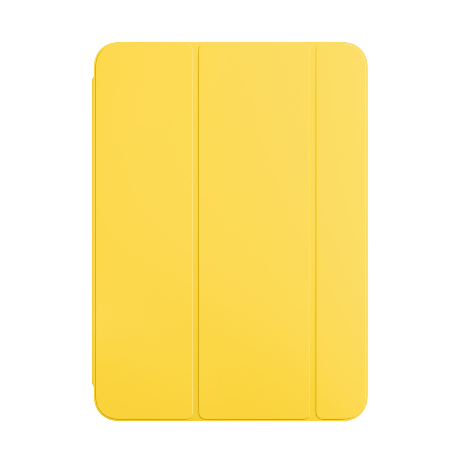 Żółte etui na tablet, zamknięte, na białym tle. Etui ma prosty, czysty design.