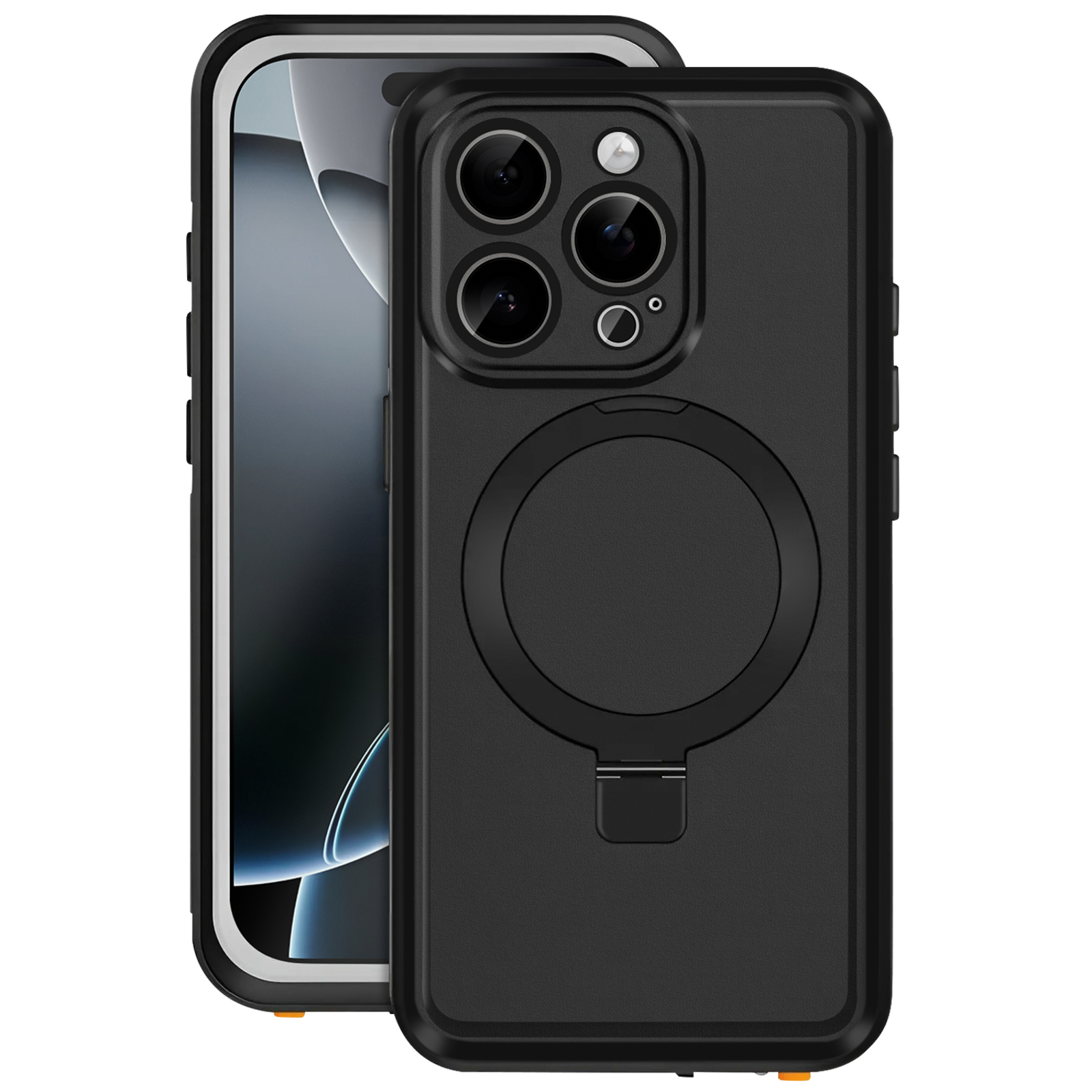 Custodia nera per telefono con tre fotocamere e un anello, un telefono all'interno.