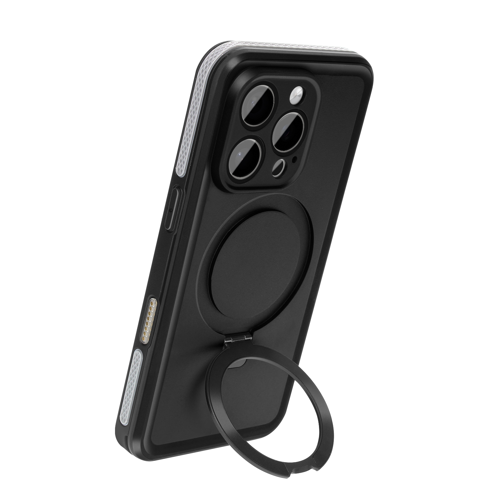 Custodia nera per telefono con supporto ad anello. Più fotocamere. Sfondo bianco.