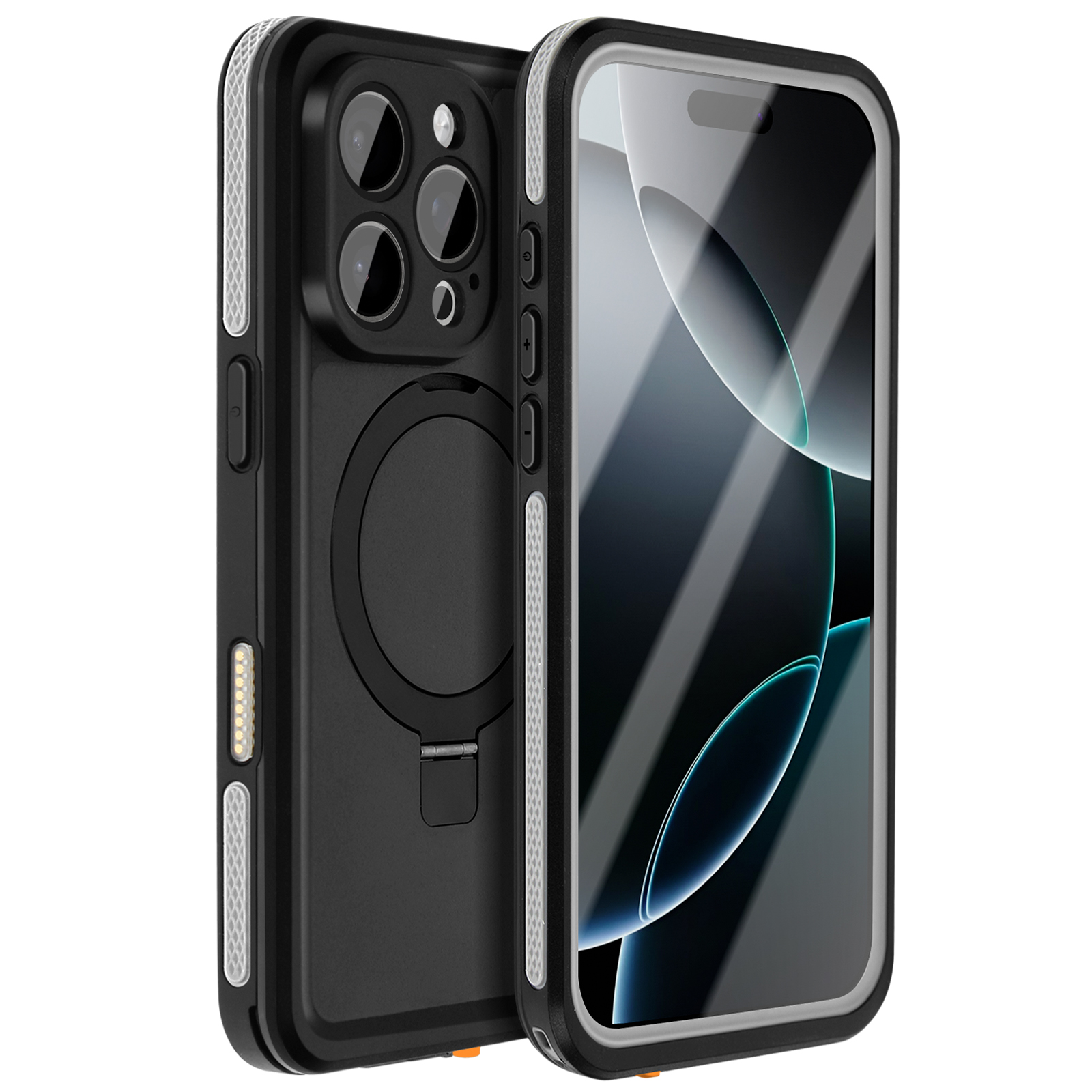 Custodia per telefono nera con tre fotocamere. Sfondo bianco. Vista frontale e laterale.