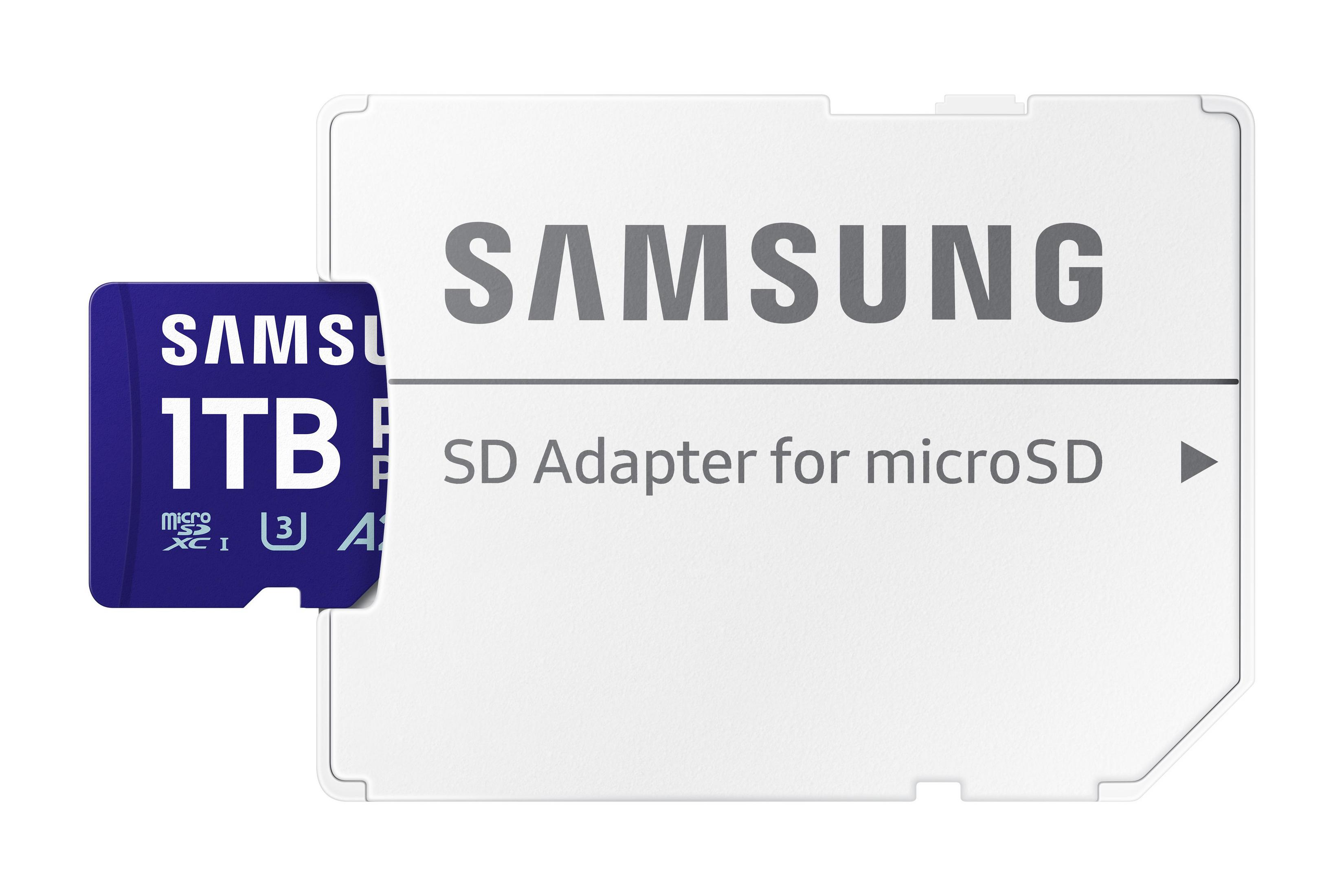 Karta SD i adapter Samsung. Karta SD jest granatowa, a adapter biały z marką Samsung.