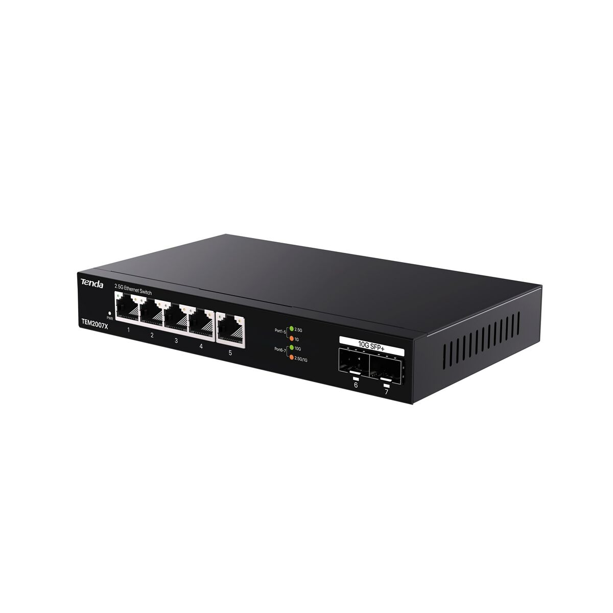 Uno switch di rete nero con sette porte. La parola 'Tenda' è in alto a sinistra.