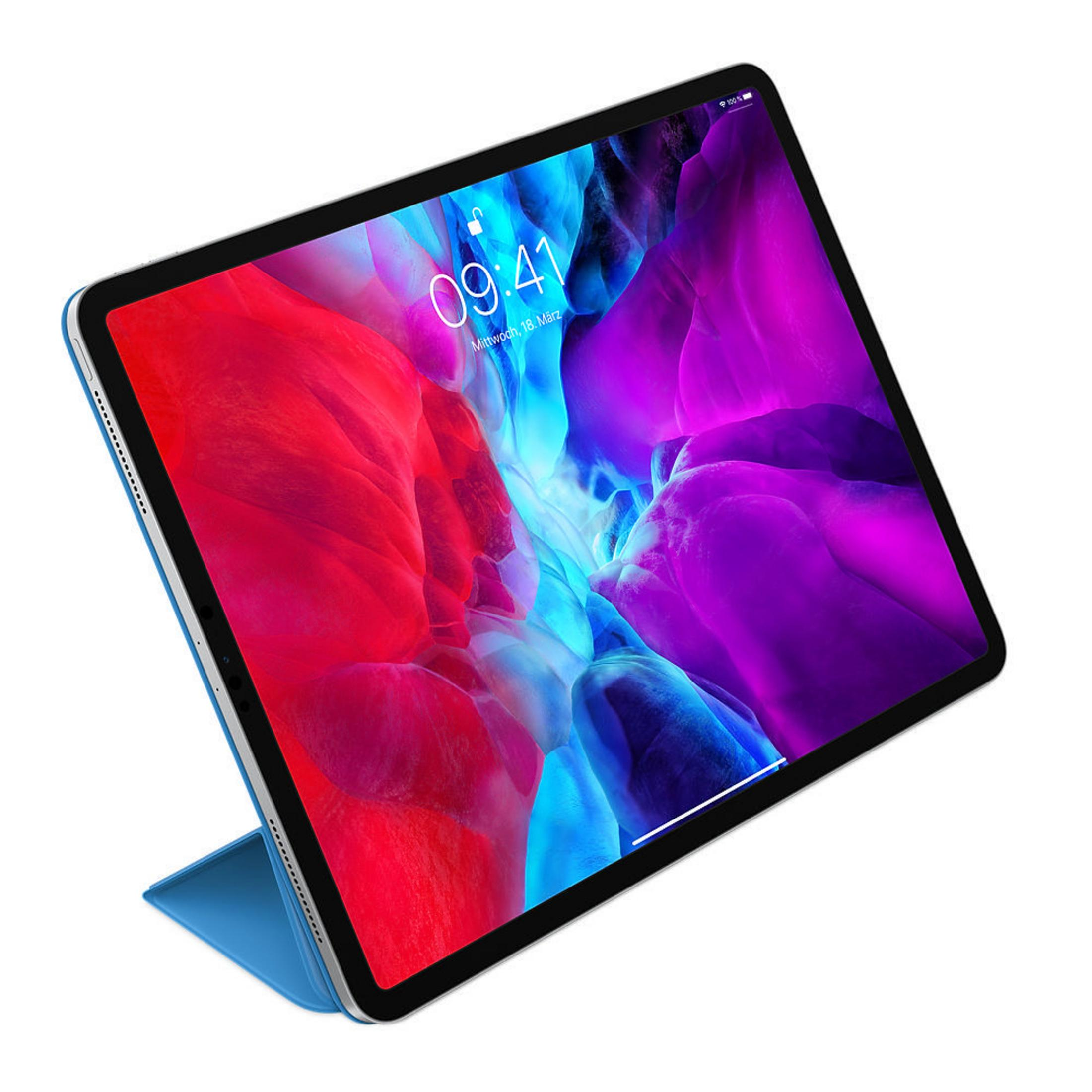Tablet mit blauem Cover, zeigt einen farbenfrohen Bildschirm mit der Uhrzeit 09:41.