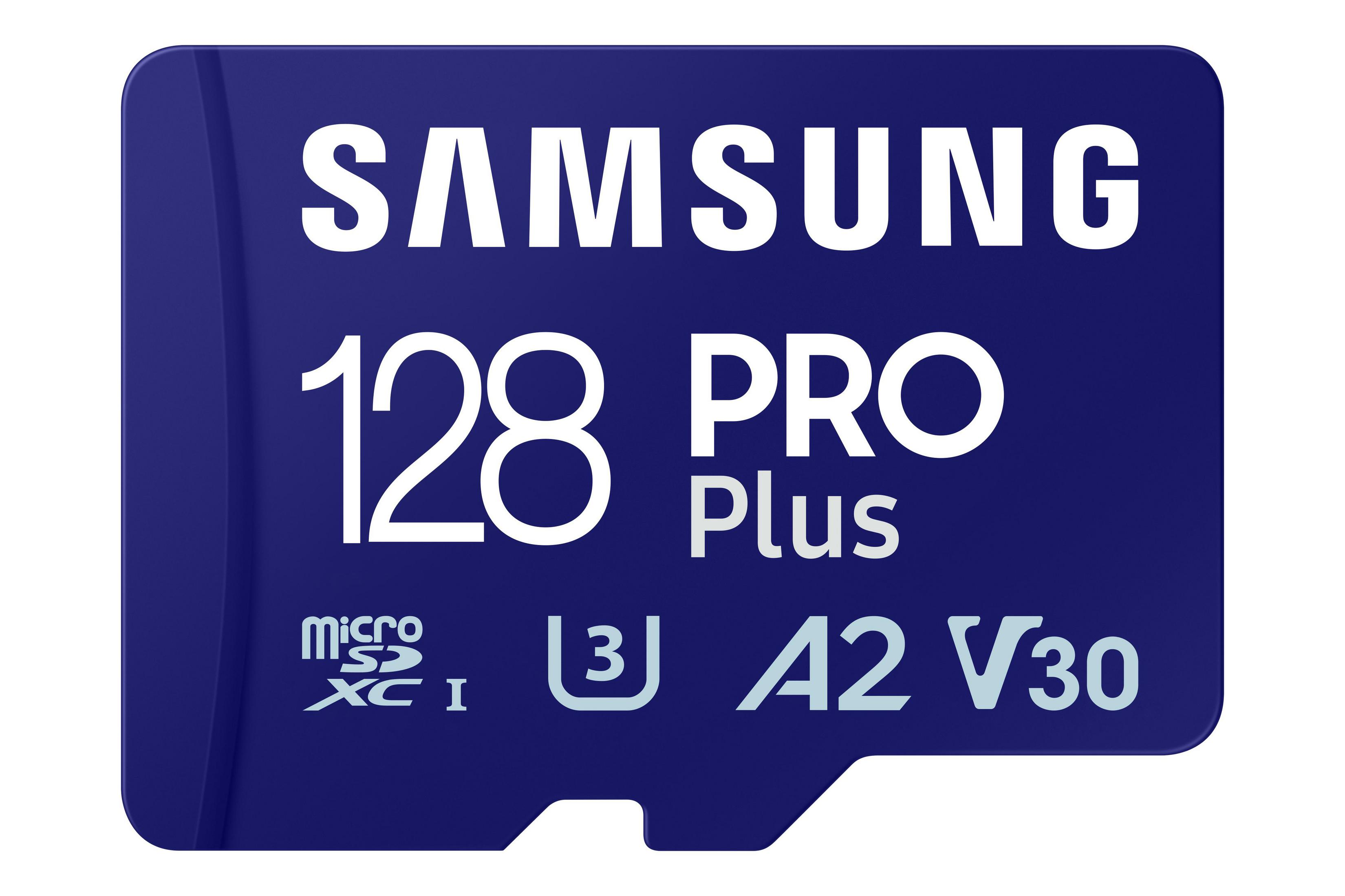 Niebieska karta MicroSD Samsung 128GB Pro Plus. Białe tło.