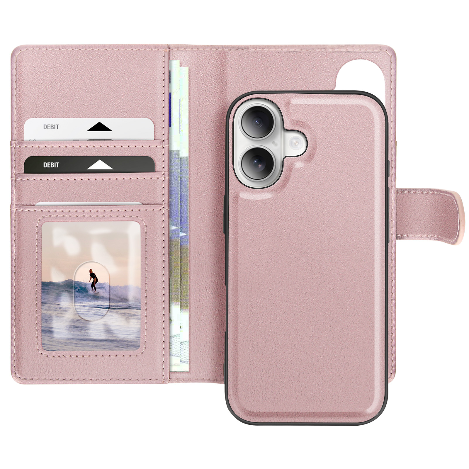 Custodia per telefono rosa con telefono, carte, contanti e immagine di surfista.