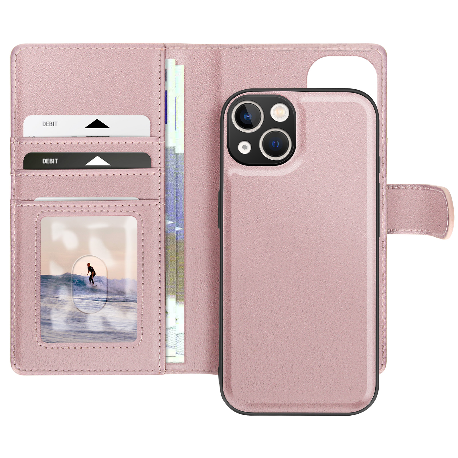 Custodia per telefono rosa, aperta per mostrare telefono, carte, contanti e immagine di surfista.