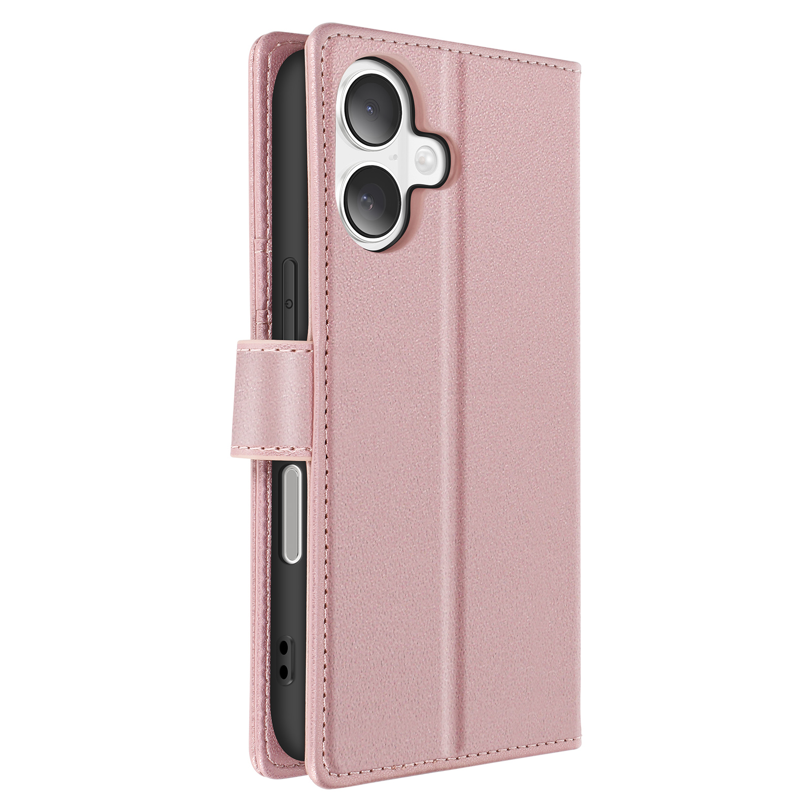Custodia rosa per telefono con un telefono all'interno. Obiettivi della fotocamera visibili.