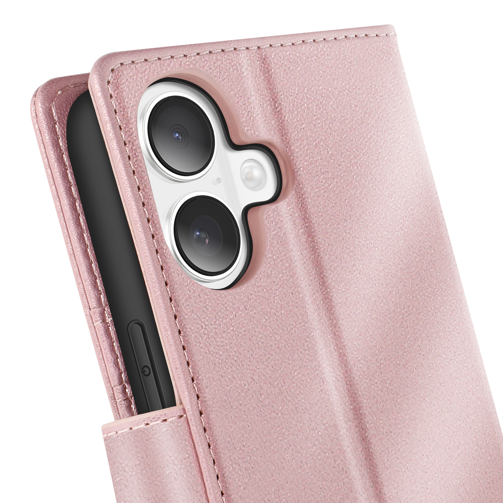 Custodia per telefono rosa, primo piano del telefono con doppia fotocamera e cuciture.