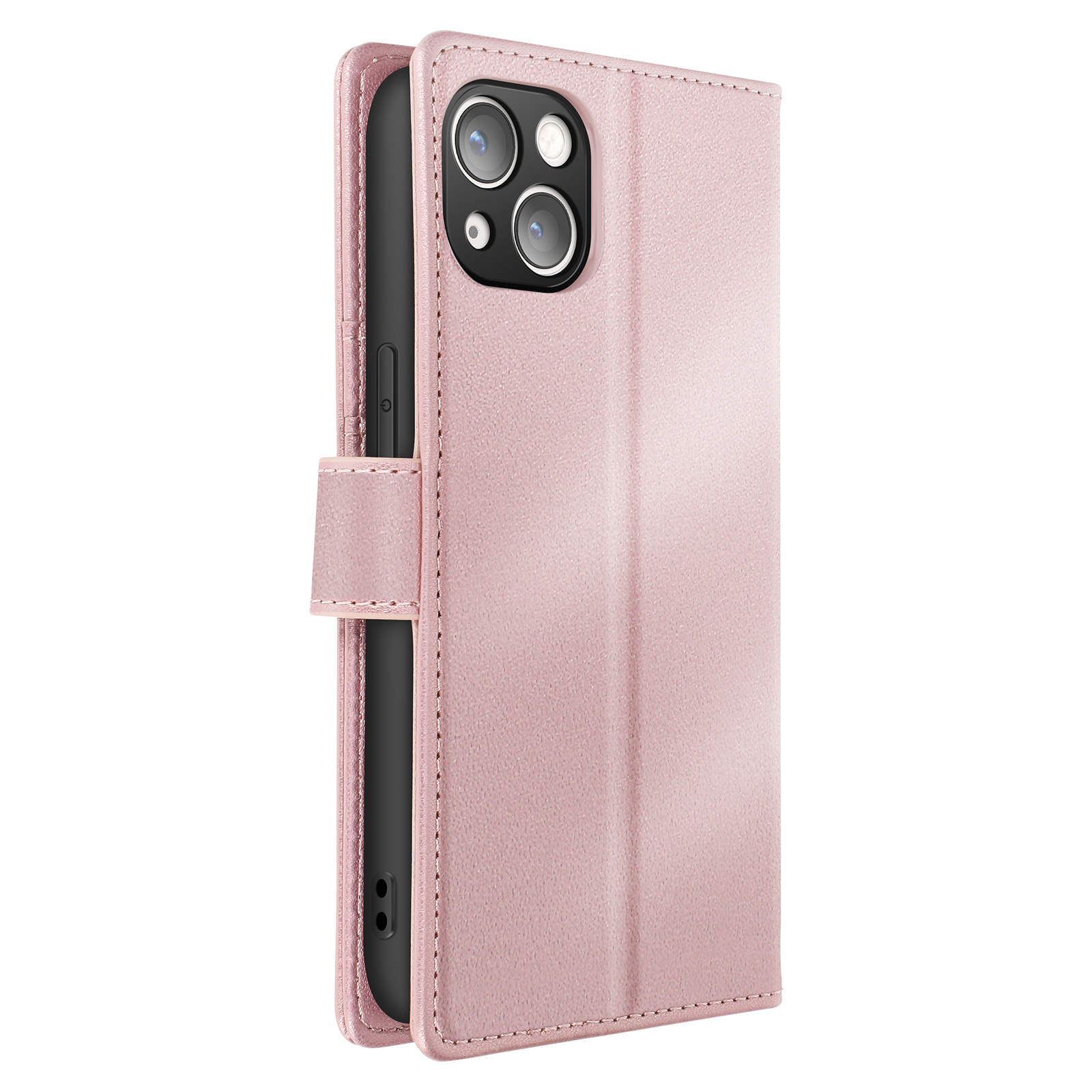 Custodia per telefono rosa aperta. Telefono a sinistra, tre slot per schede, foto e soldi.