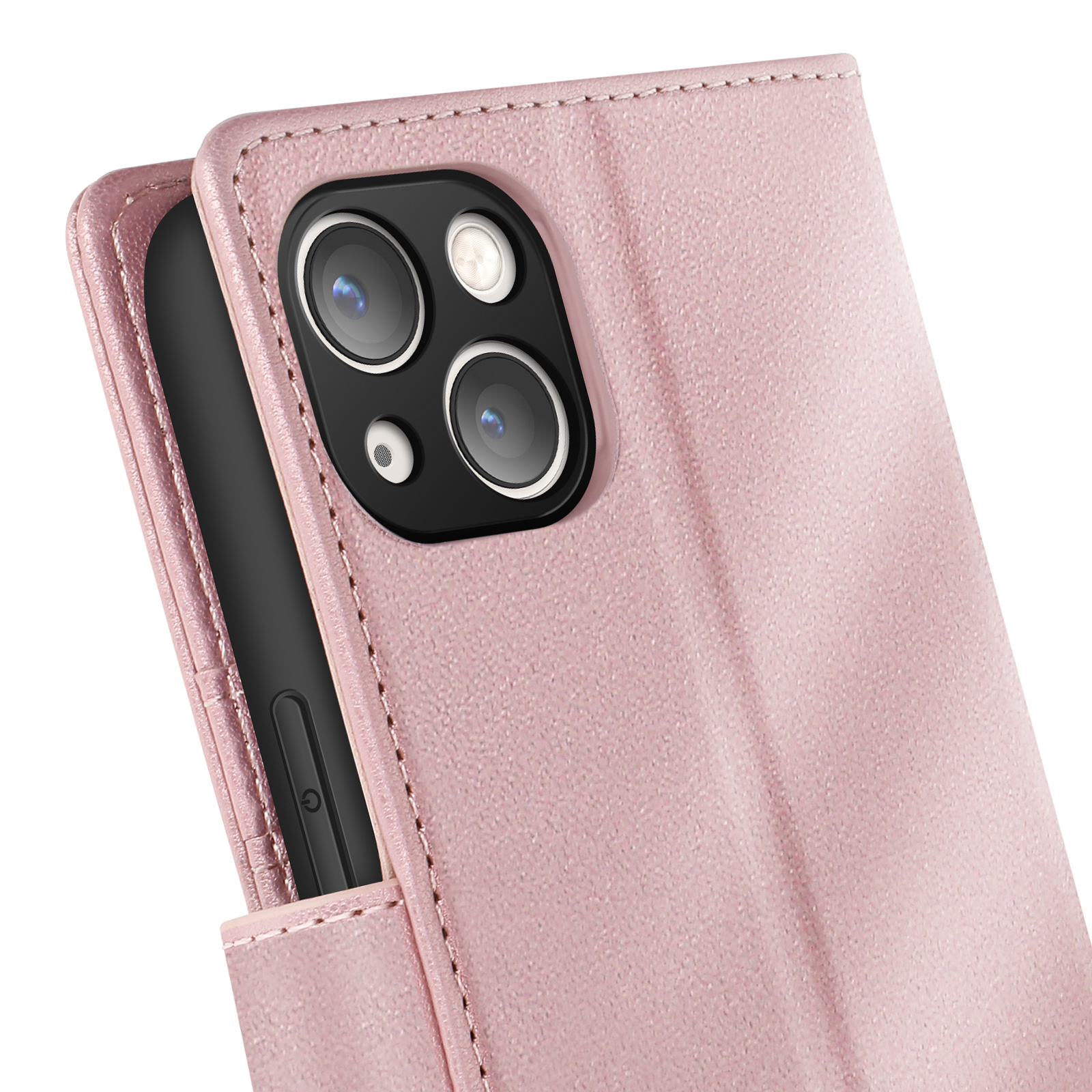 Custodia rosa per telefono con lenti della fotocamera. Il telefono è parzialmente dentro. Aperta.