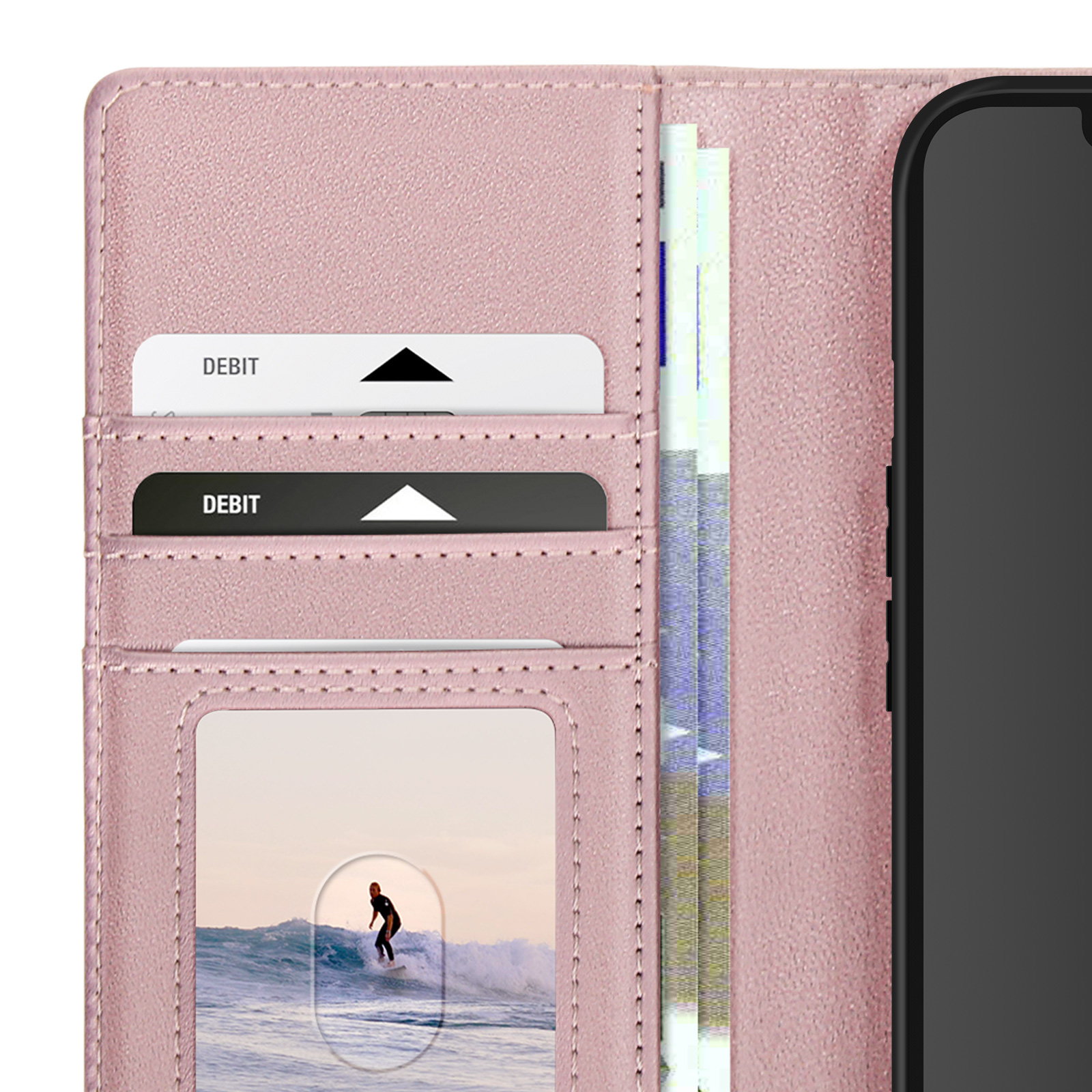 Portafoglio per telefono in pelle rosa con carte, denaro e telefono. Foto di surfista visibile.