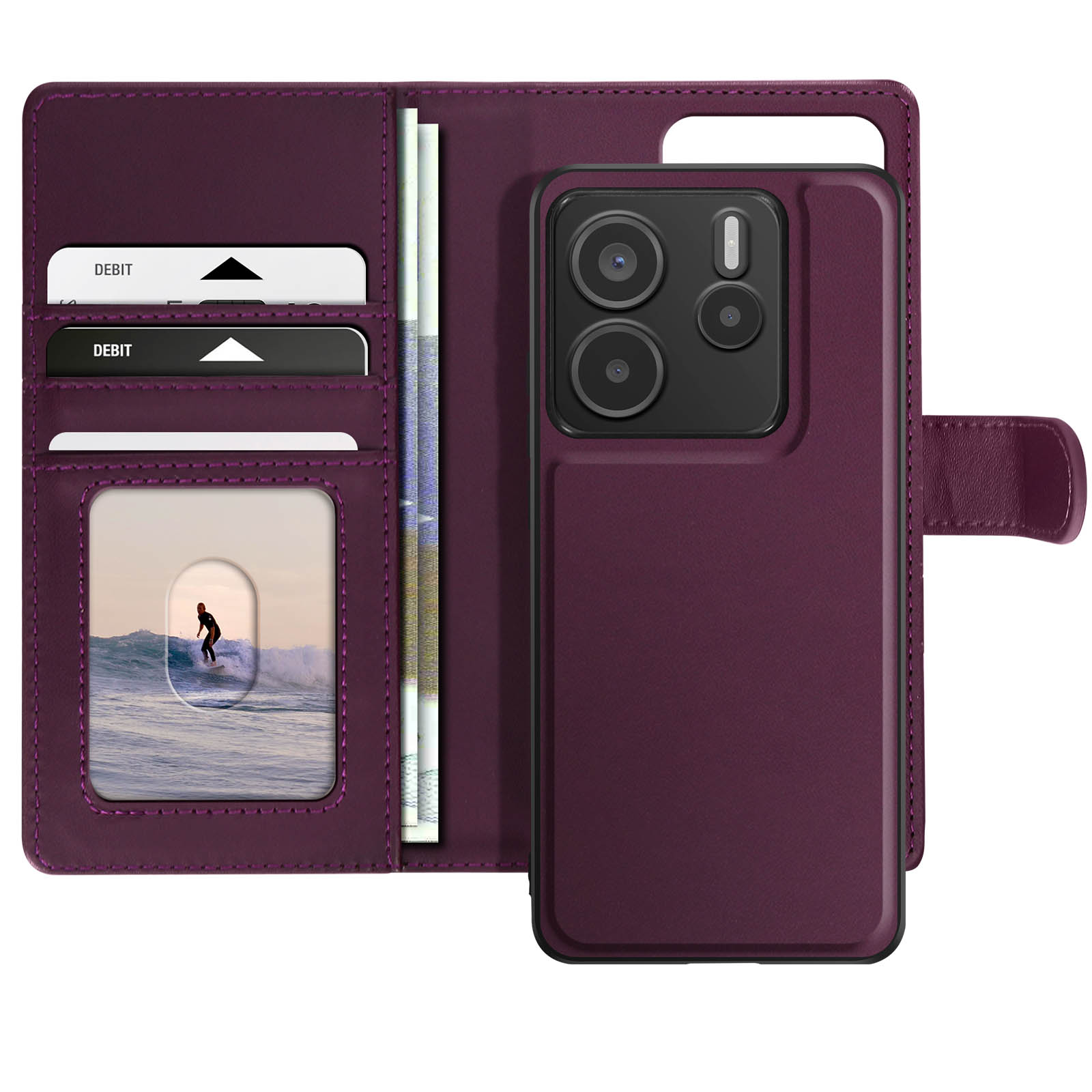 Un portafoglio per custodia del telefono, di colore viola, con carte di debito e denaro all'interno.