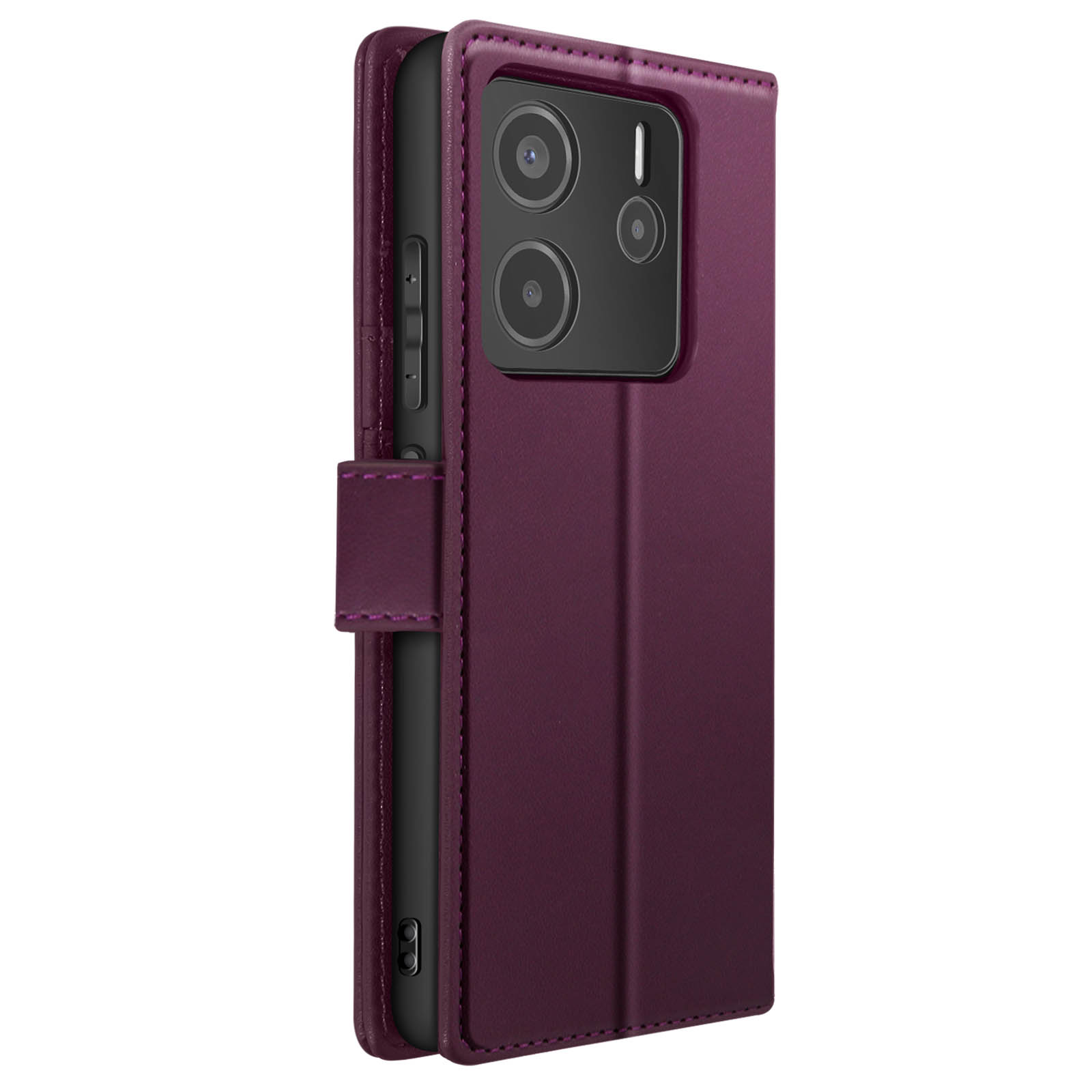 Custodia viola per telefono con un telefono. Obiettivi della fotocamera visibili.
