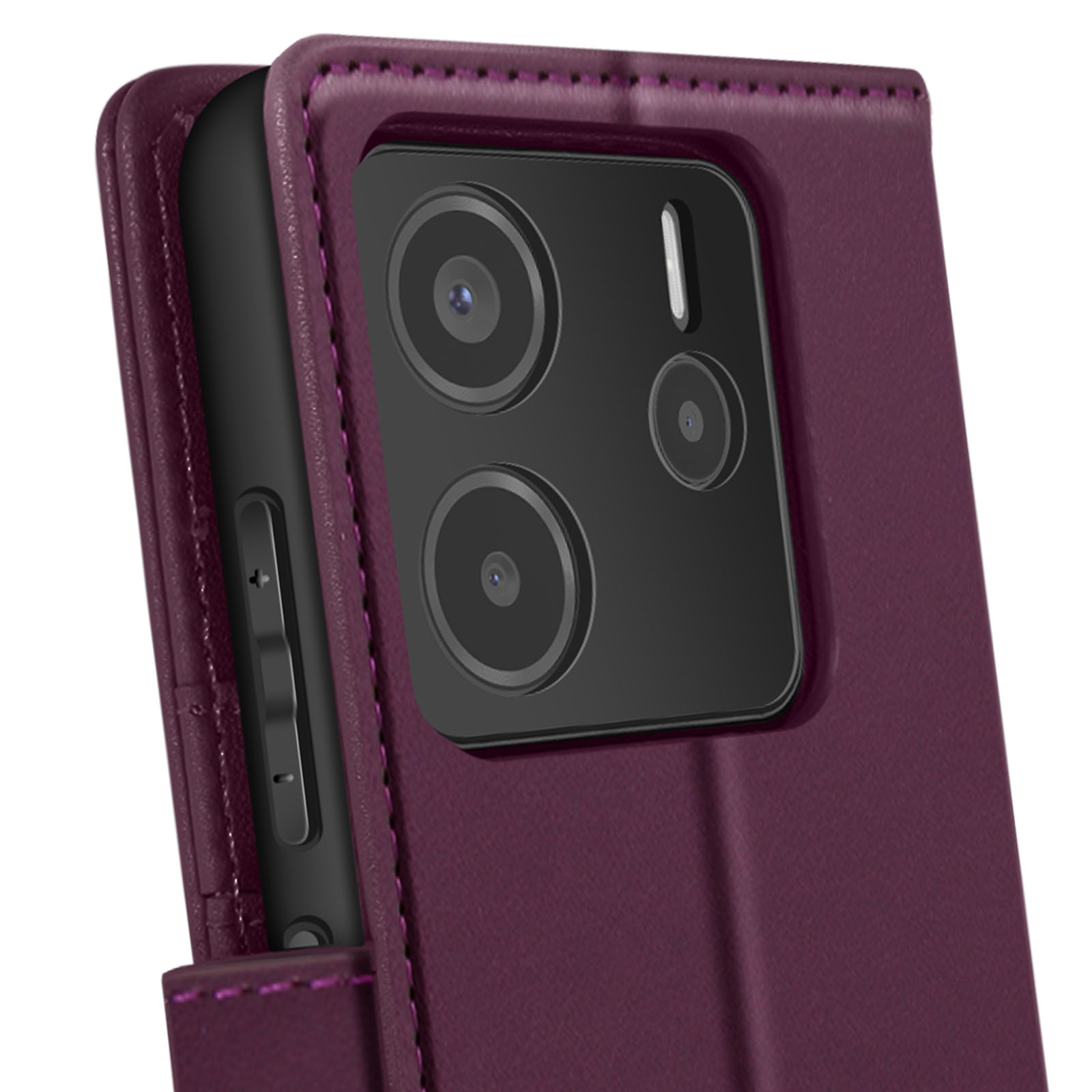 Custodia viola per telefono con lenti. Il telefono è parzialmente dentro. Aperta.
