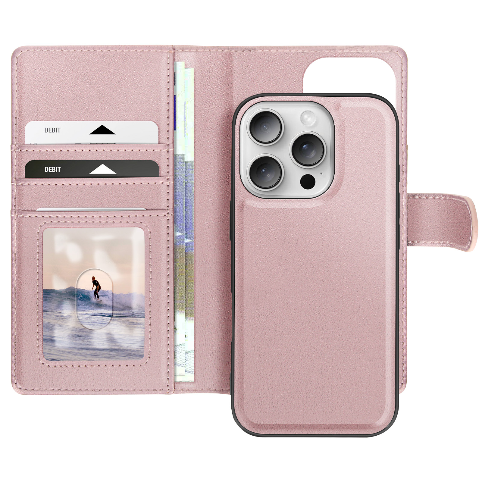 Custodia rosa con carte di debito, denaro e telefono. Un surfista sull'onda.