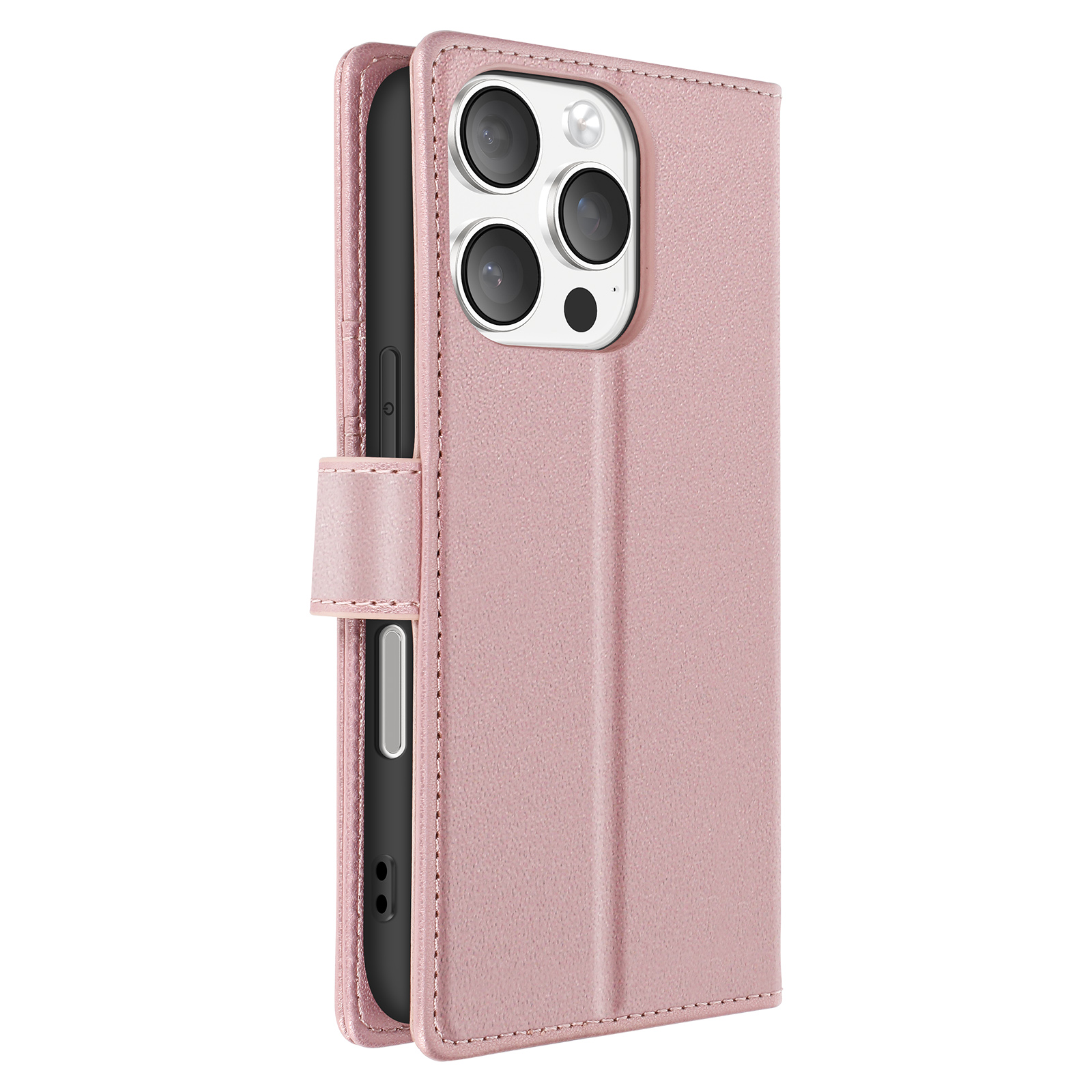 Custodia rosa per telefono con telefono dentro, che mostra le lenti della fotocamera.