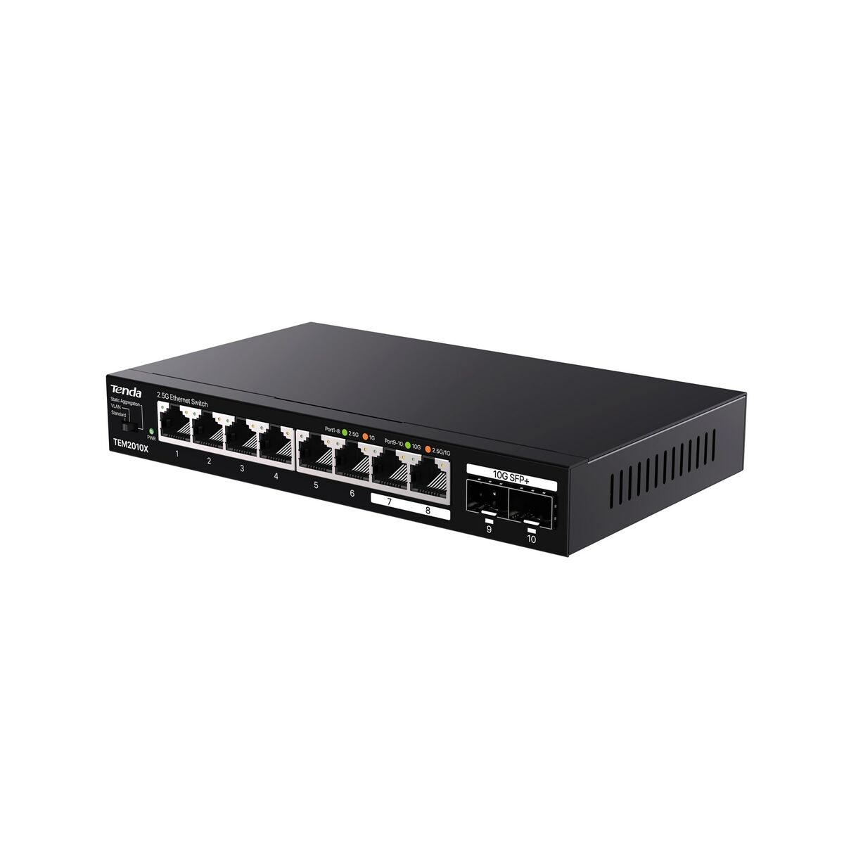 Schwarzer Tenda-Netzwerk-Switch mit mehreren Ports. Beschriftete Ports und Leistungsindikatoren.