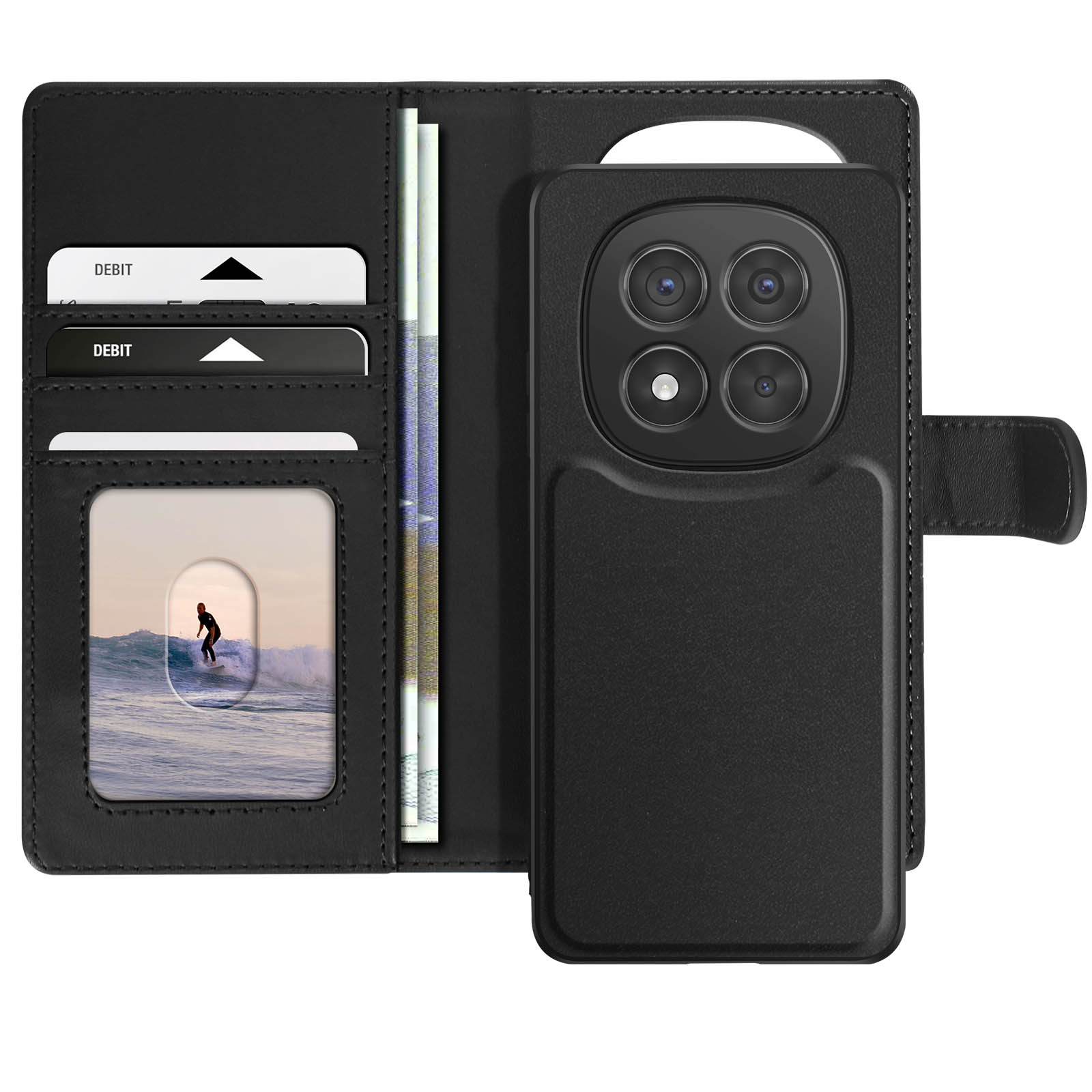 Portafoglio per telefono nero con carte, denaro e telefono. Vista aperta, che mostra il contenuto.