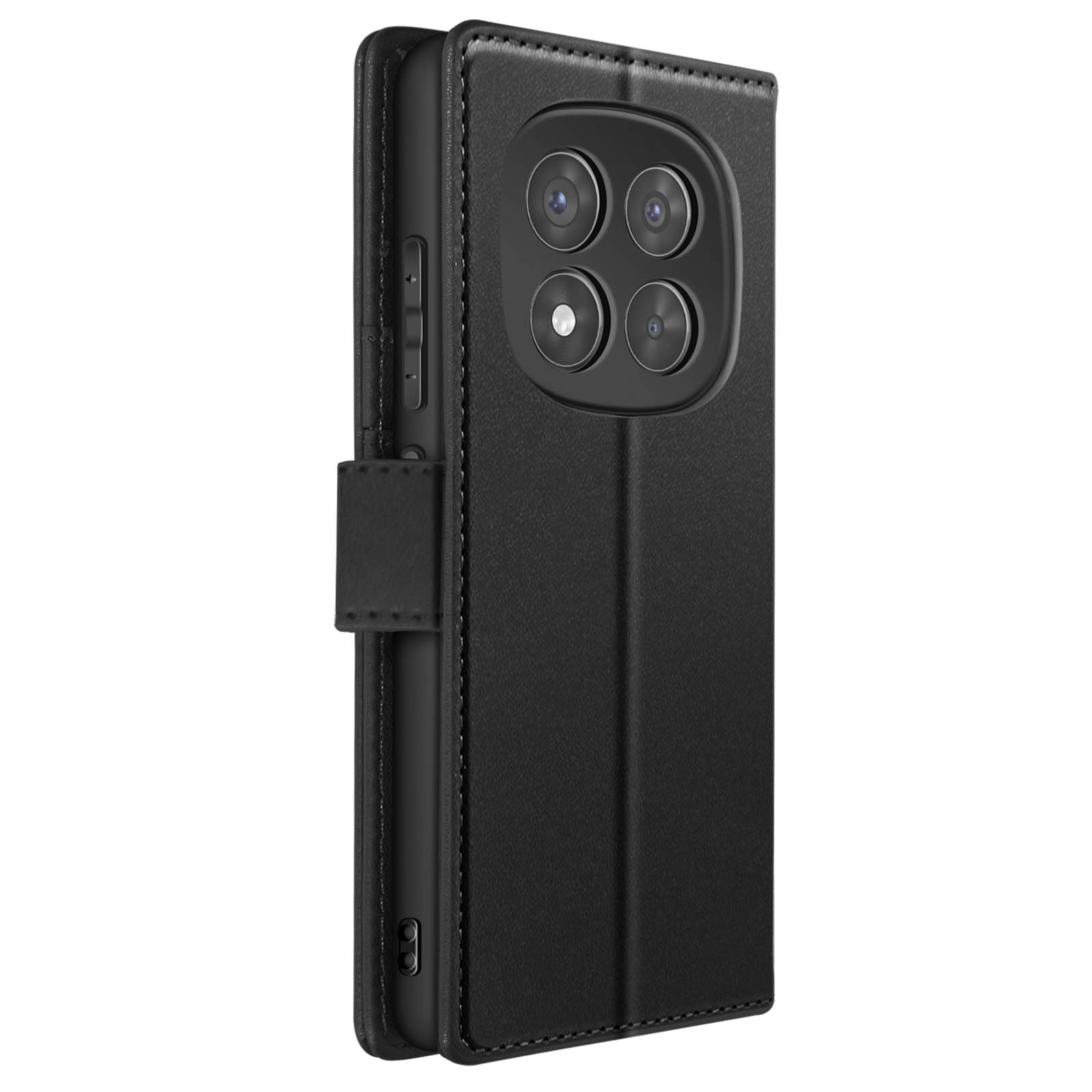 Custodia nera per telefono con quattro obiettivi. È una custodia a portafoglio con chiusura magnetica.