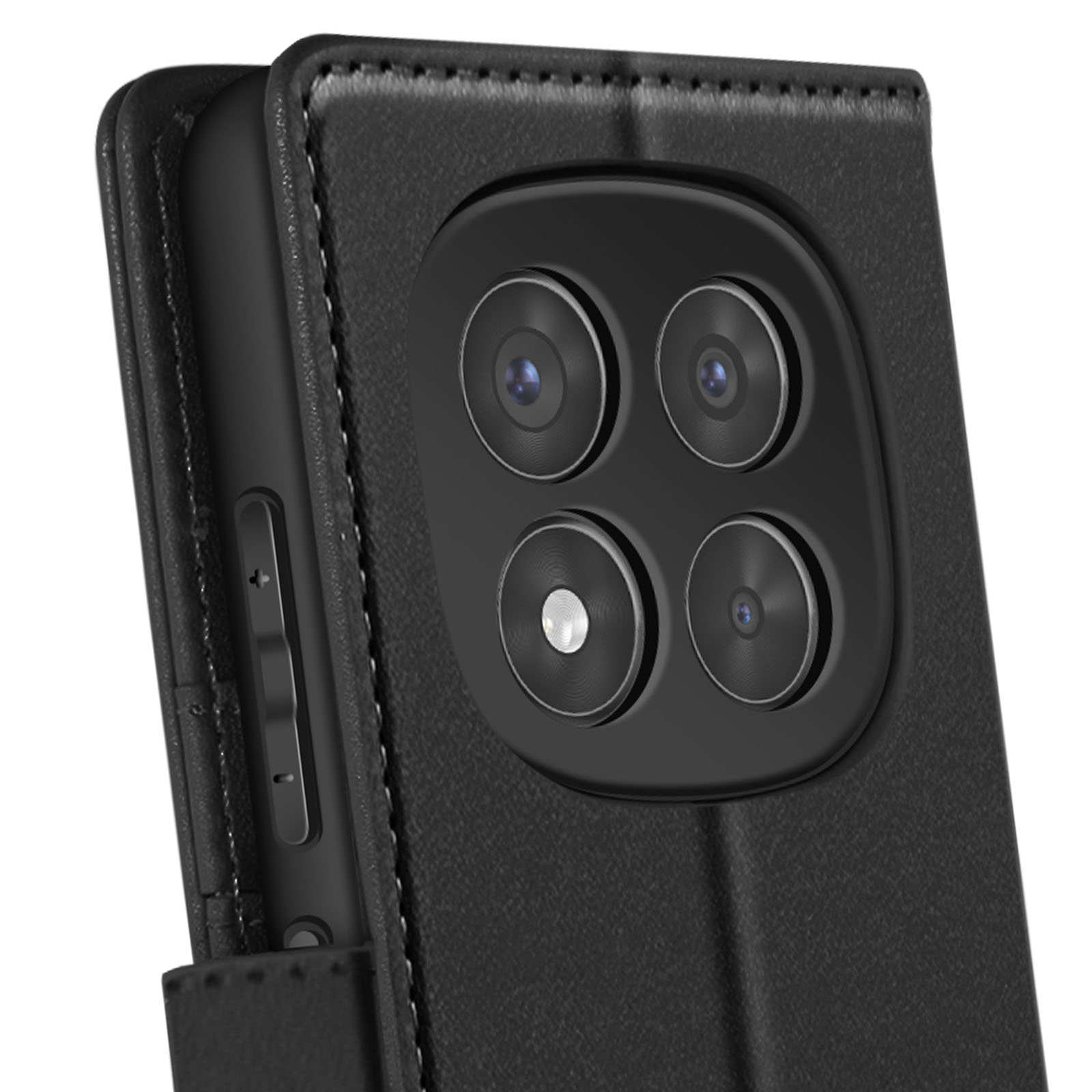 Primo piano di una custodia nera per telefono con quattro obiettivi. La custodia è aperta.