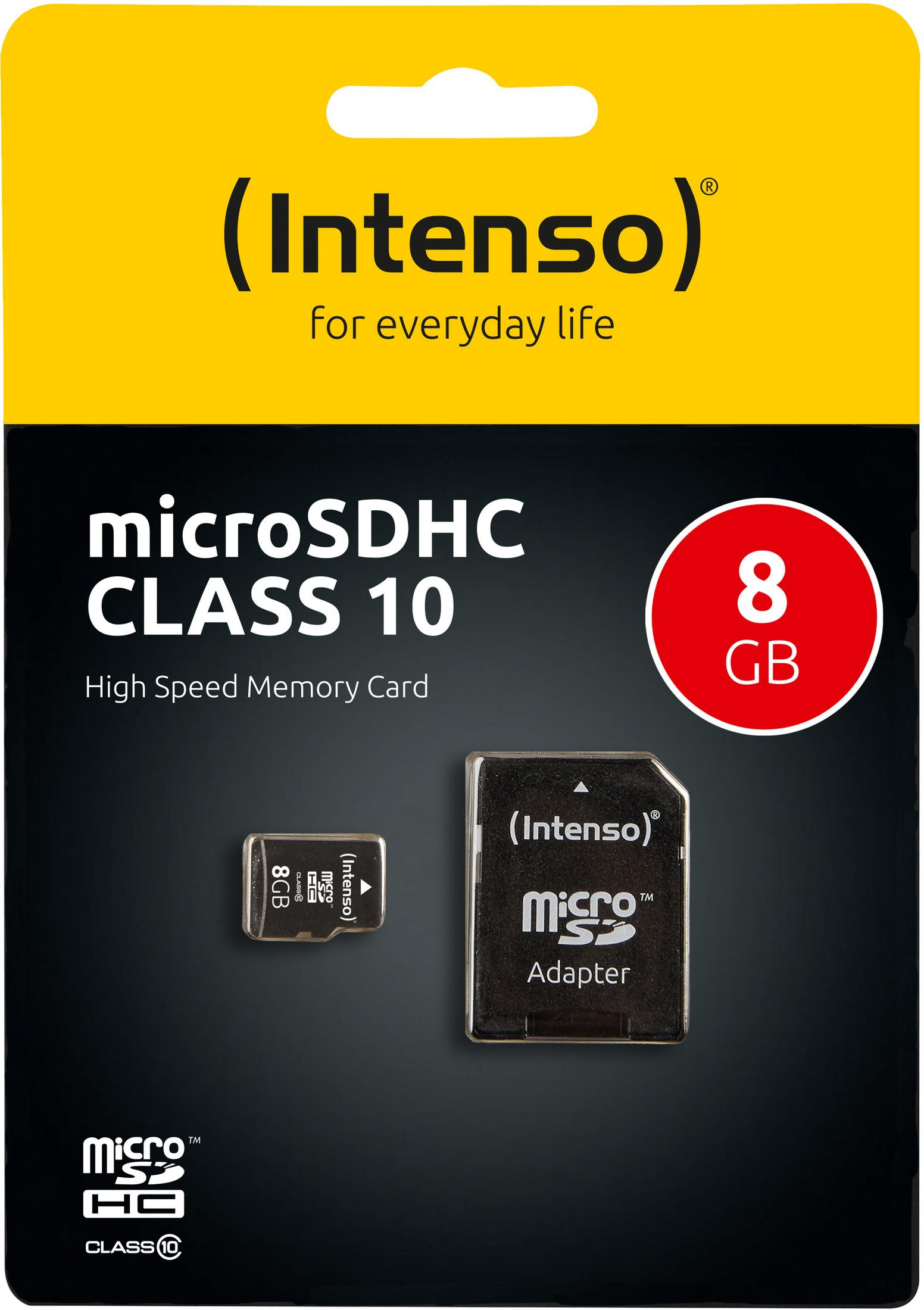 Verpackung einer MicroSDHC Class 10 Speicherkarte. Enthält Karte und Adapter. Marke: Intenso.