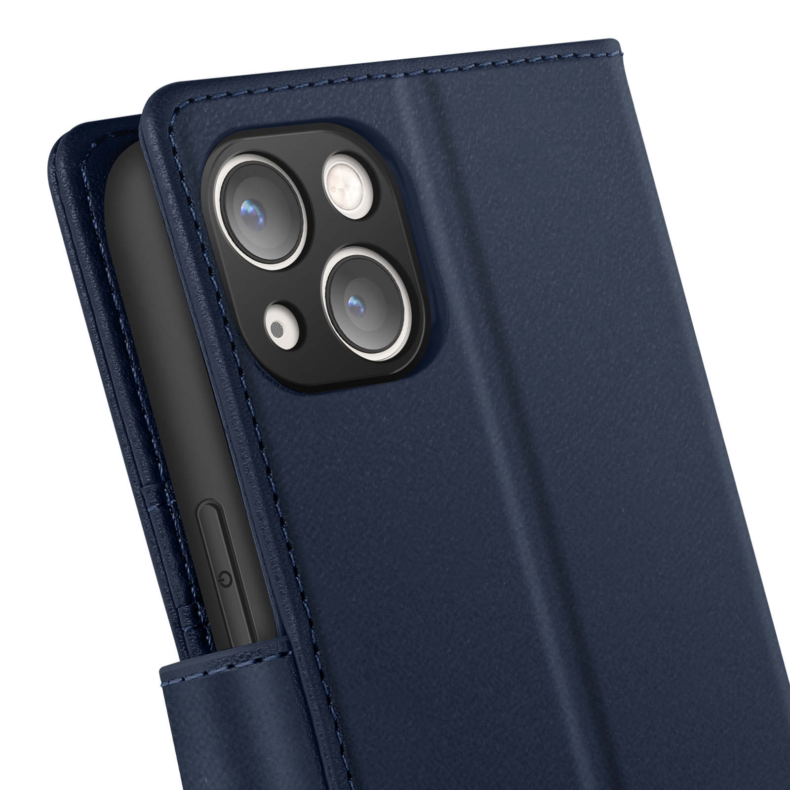 Primo piano di una custodia blu navy con due obiettivi.