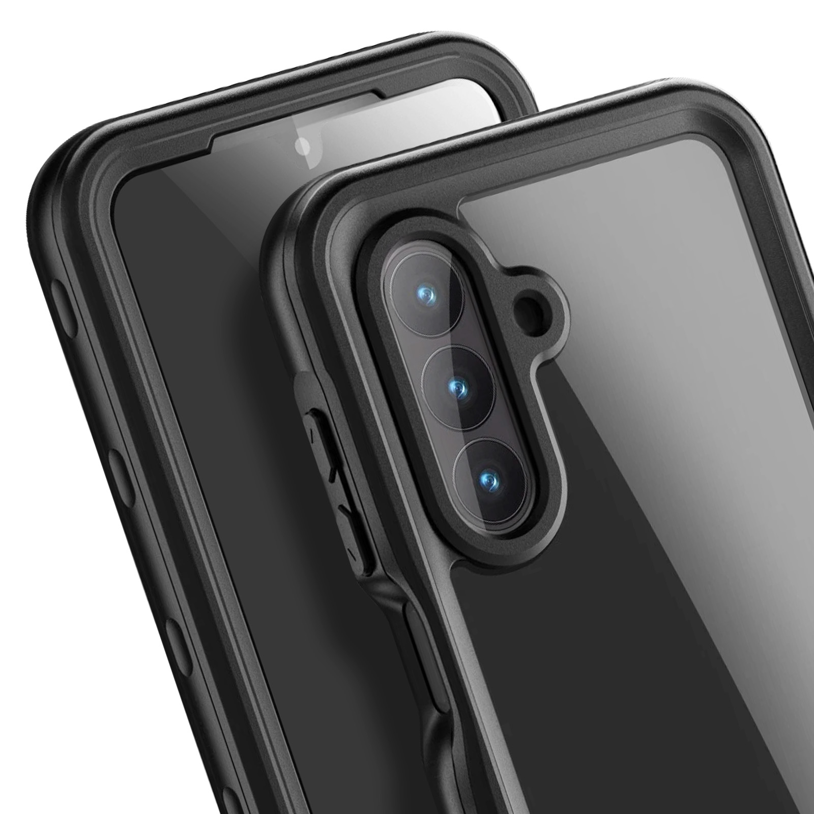 Primo piano di due custodie nere per telefono, che mostrano gli obiettivi.