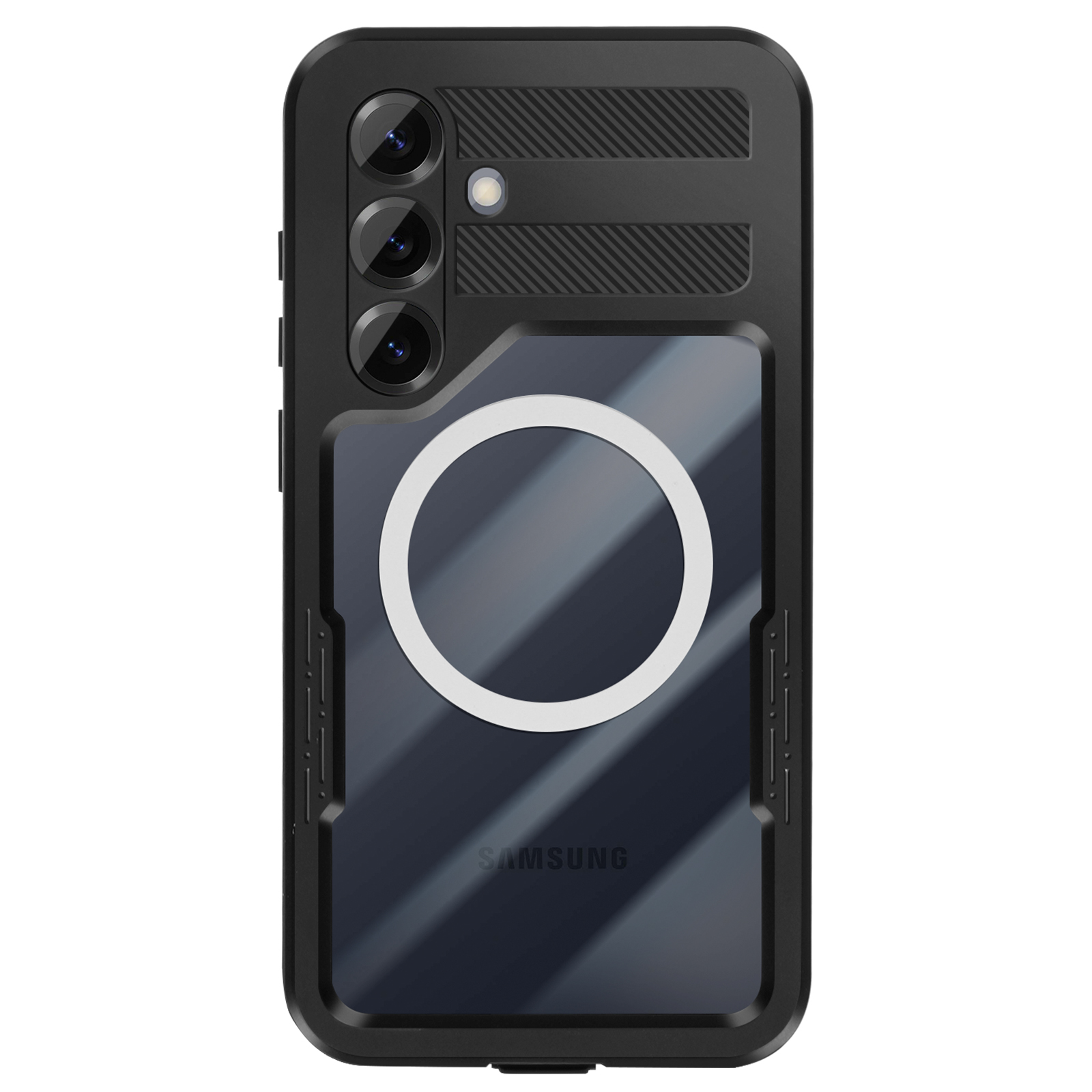 Custodia nera per telefono con retro trasparente, tripla fotocamera e cerchio bianco.