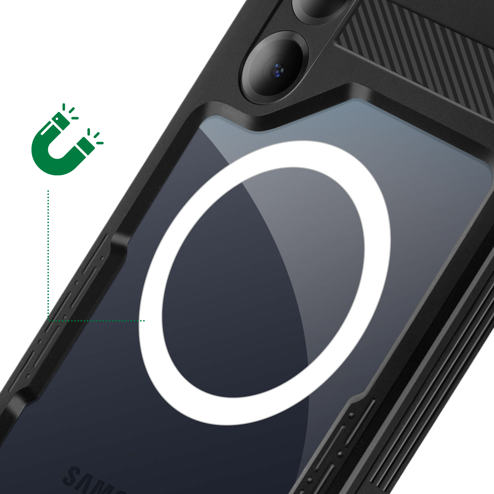 Custodia per telefono nera con anello magnetico e primo piano dell'interno della custodia.