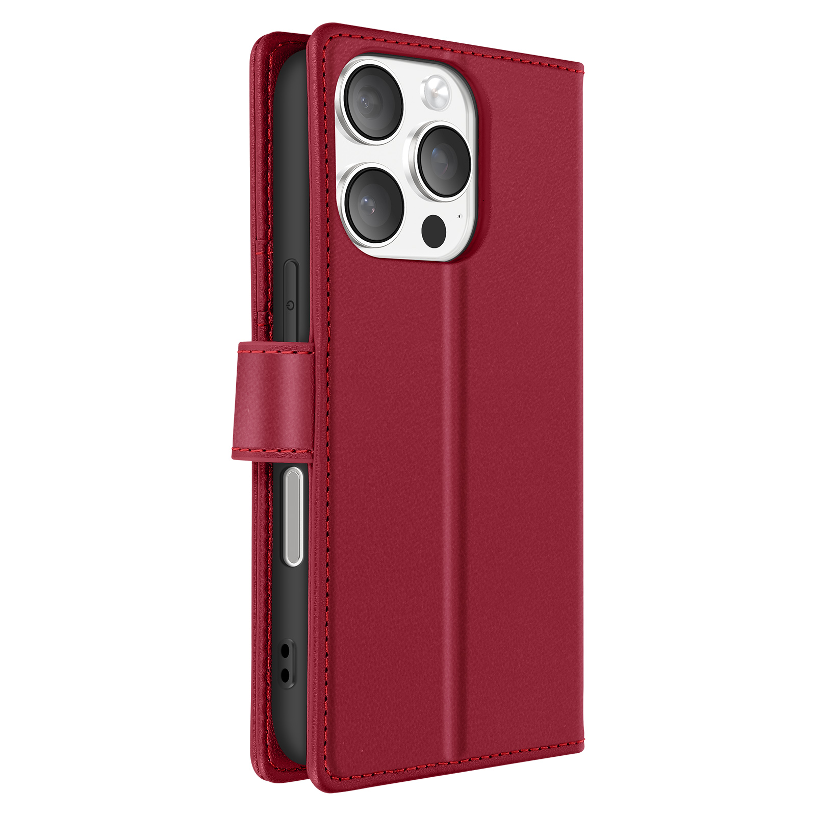 Custodia in pelle rossa con telefono. Sfondo bianco.