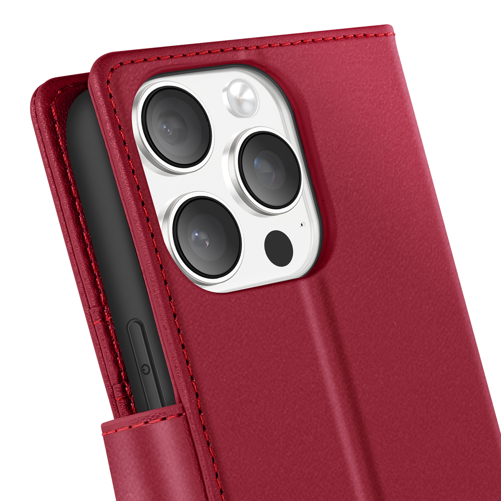 Custodia a portafoglio rossa per telefono parzialmente aperta, che mostra il telefono con più obiettivi della fotocamera. La custodia è rossa.
