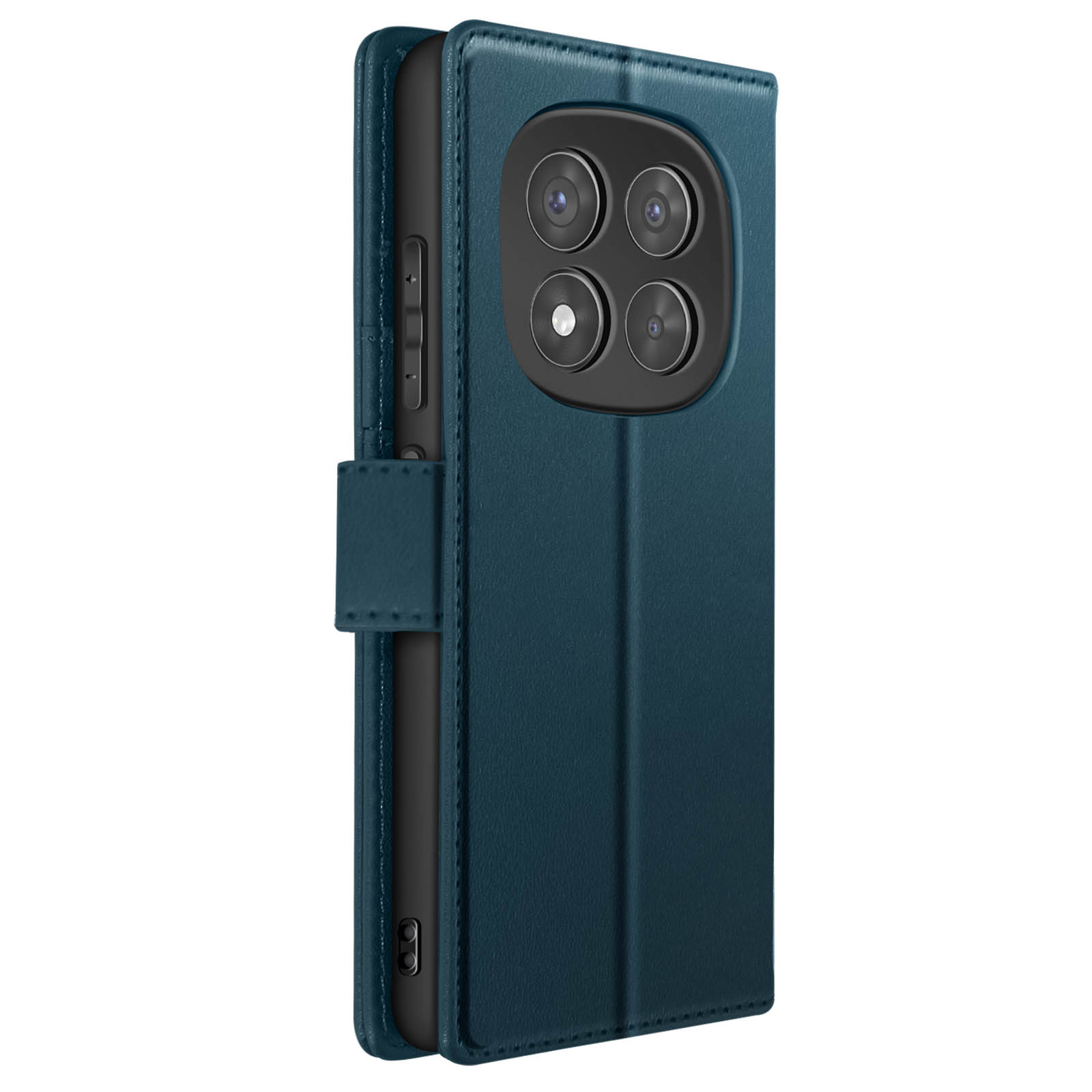 Custodia per telefono in pelle blu, stile portafoglio, con telefono e fotocamera visibili.
