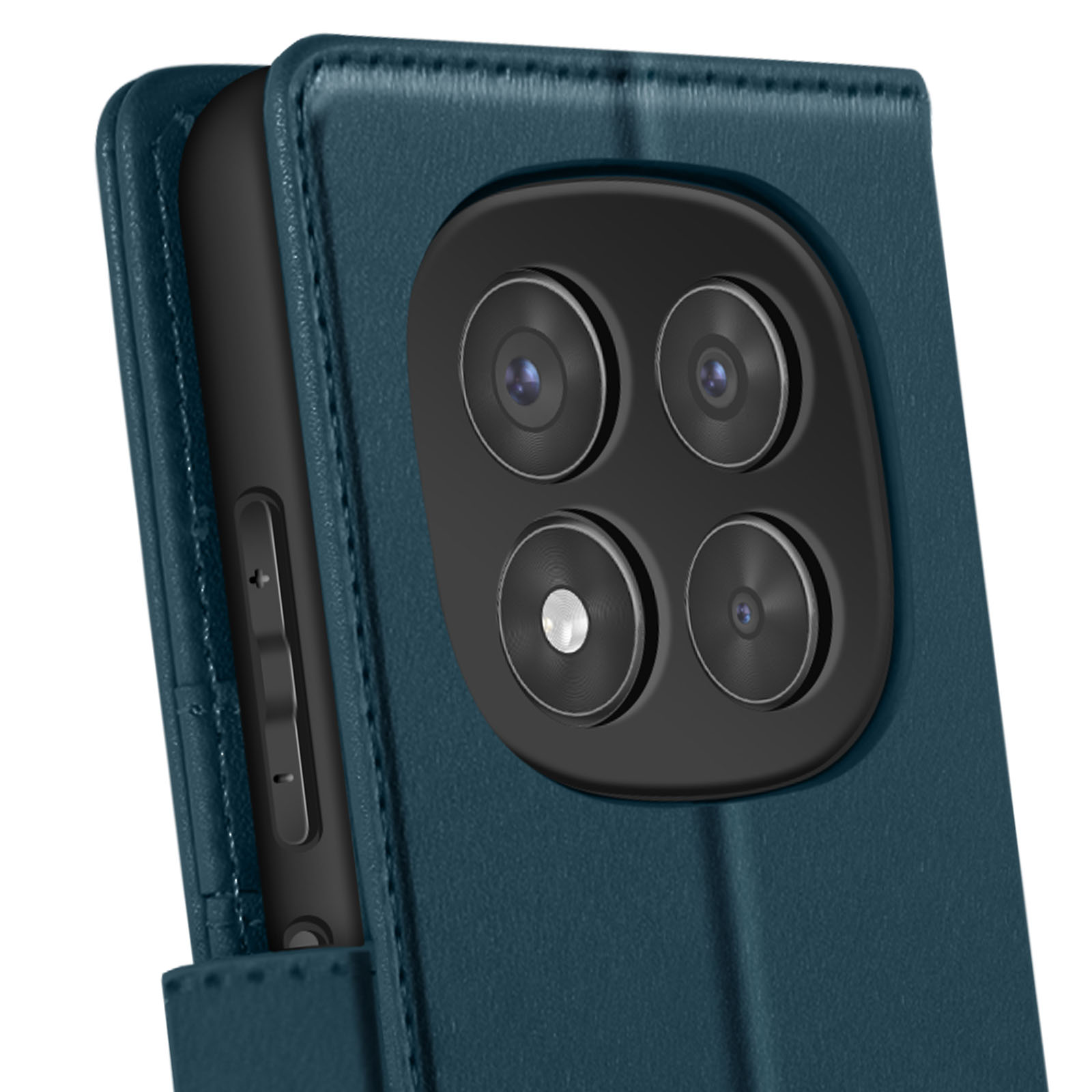 Custodia a portafoglio blu per telefono parzialmente aperta, che mostra il telefono con più obiettivi della fotocamera. La custodia è blu.