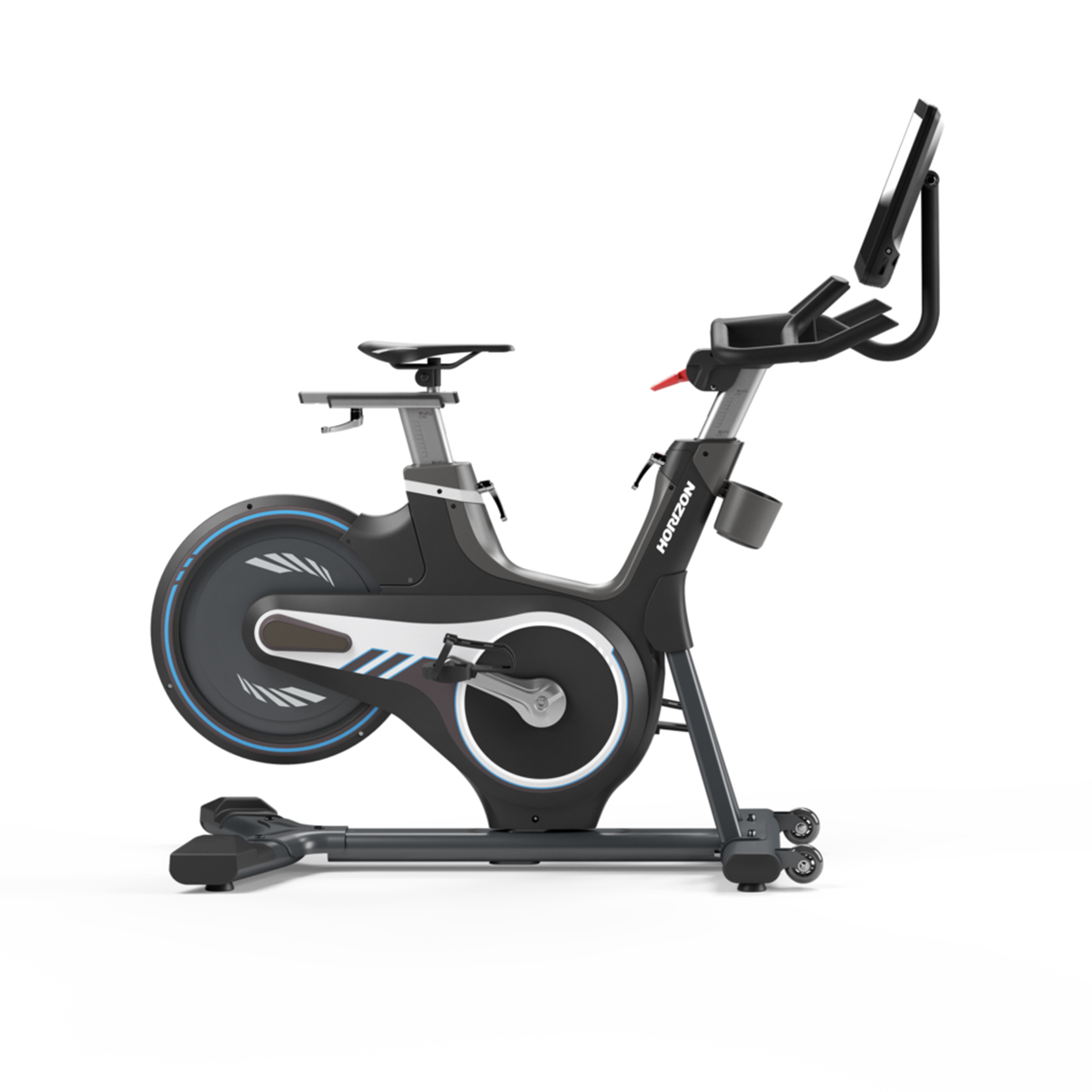 Stationäres Trainingsrad mit schwarz-grauem Design und digitaler Anzeige.