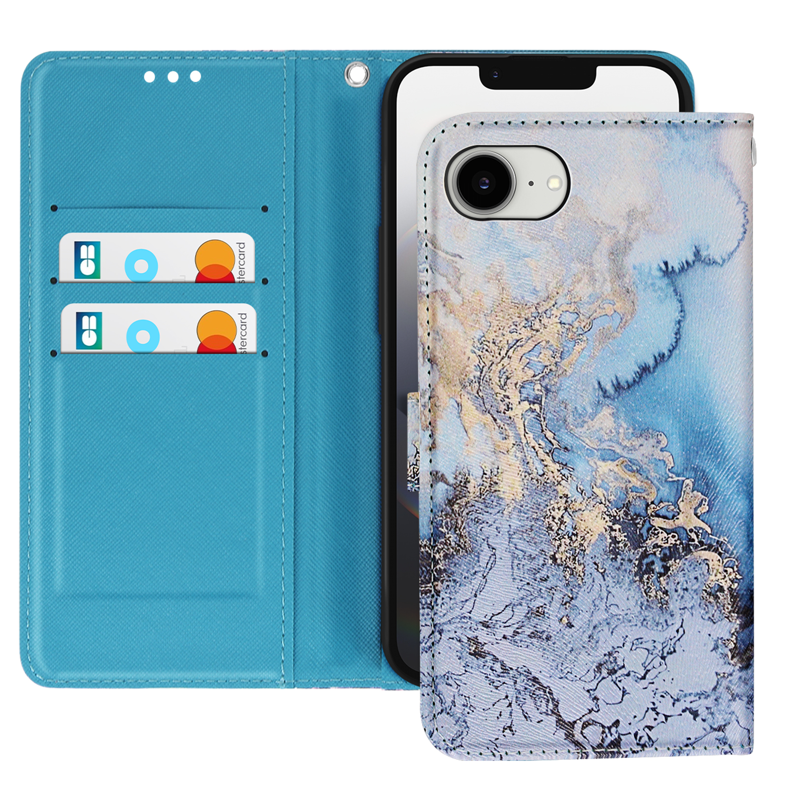 Custodia blu aperta con fessure per carte, che tiene un telefono con design marmorizzato.