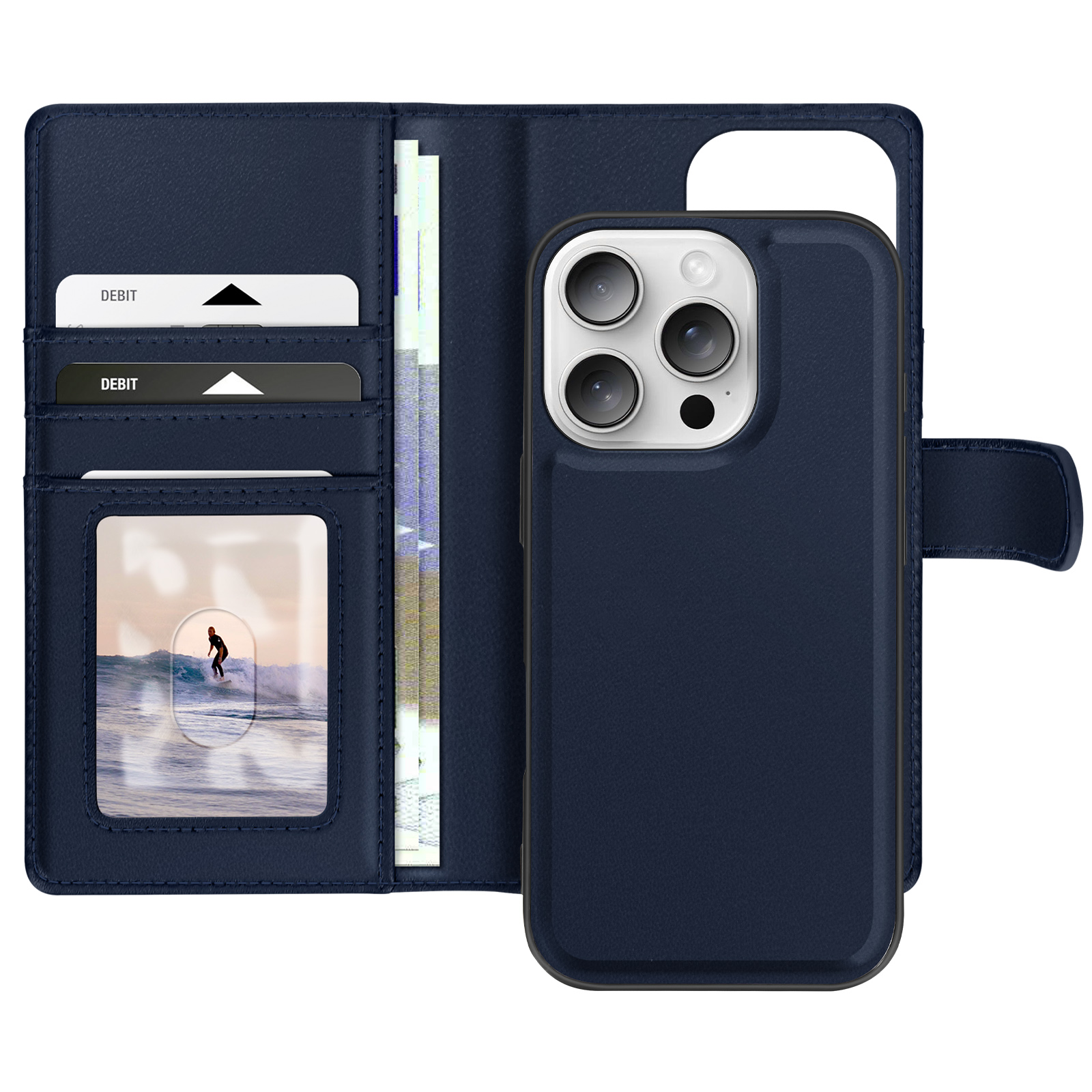 Custodia blu con portafoglio, carte e denaro. Telefono a destra, portafoglio aperto a sinistra con foto di surfista.